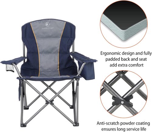ALPHA CAMP Oversized Folding Camping Chair - Heavy Duty Portable Lawn Chair with Cooler Bag & Cup Holder | Supports Up to 450 LBS