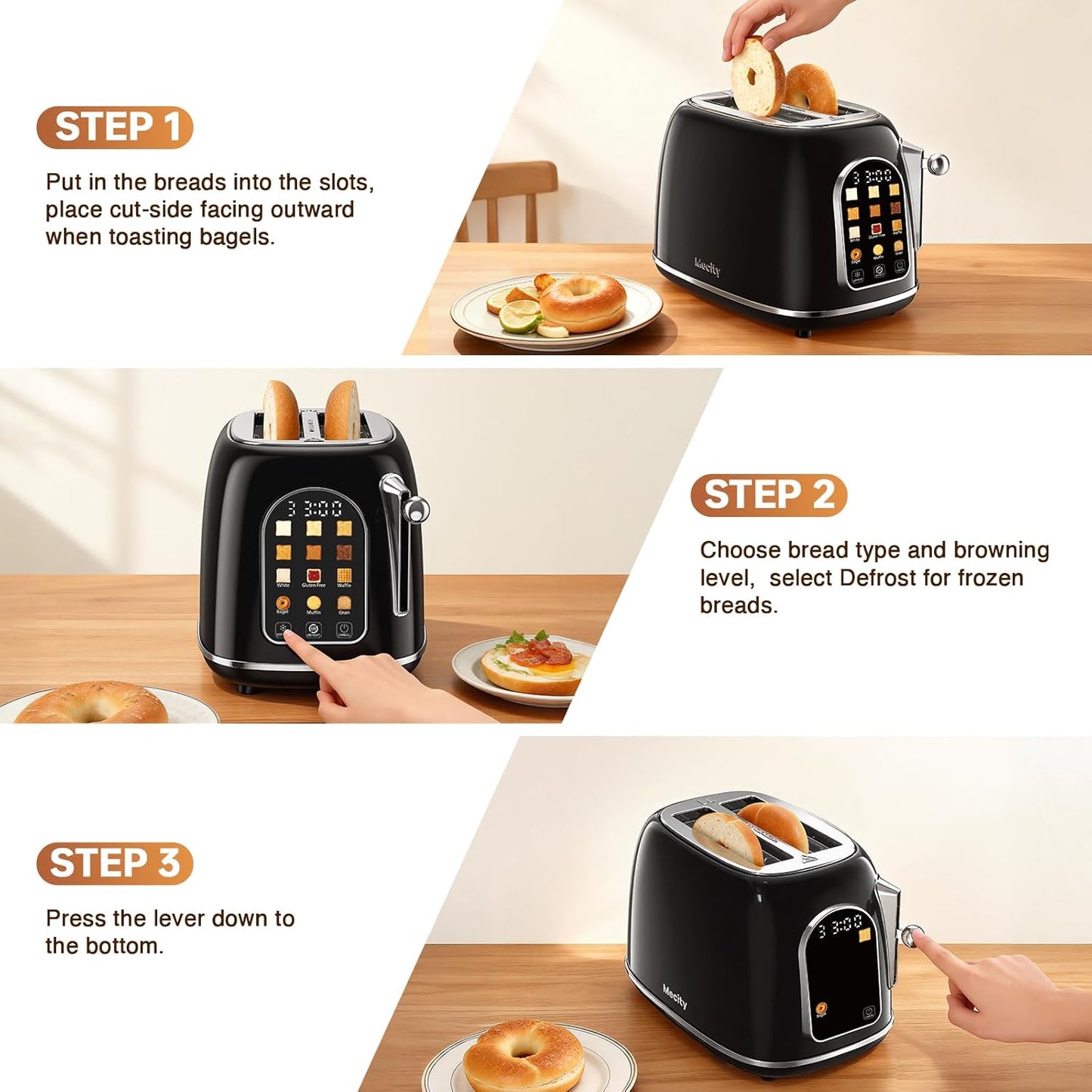 Mecity 2-Slice Toaster - Touch Screen Retro Design for Bagels & Muffins | Jet Black, 120V 825W