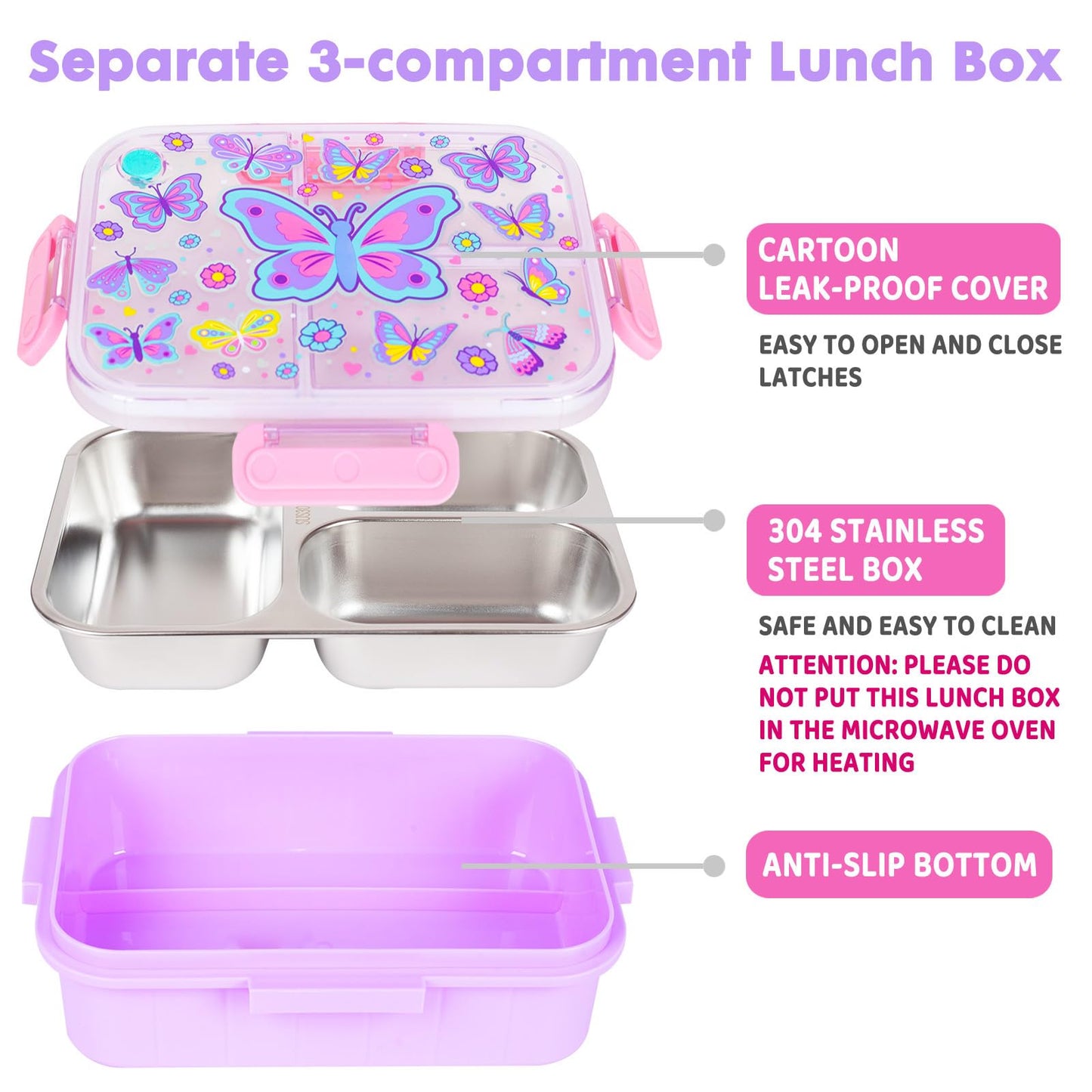 YOYTOO Stainless Steel Bento Lunch Box for Kids, 800ml/27oz BPA-Free Leak-Proof Food Containers with 3 Compartments, Freezer & Dishwasher Safe, Back to School Students Lunches Size for Ages 3-7