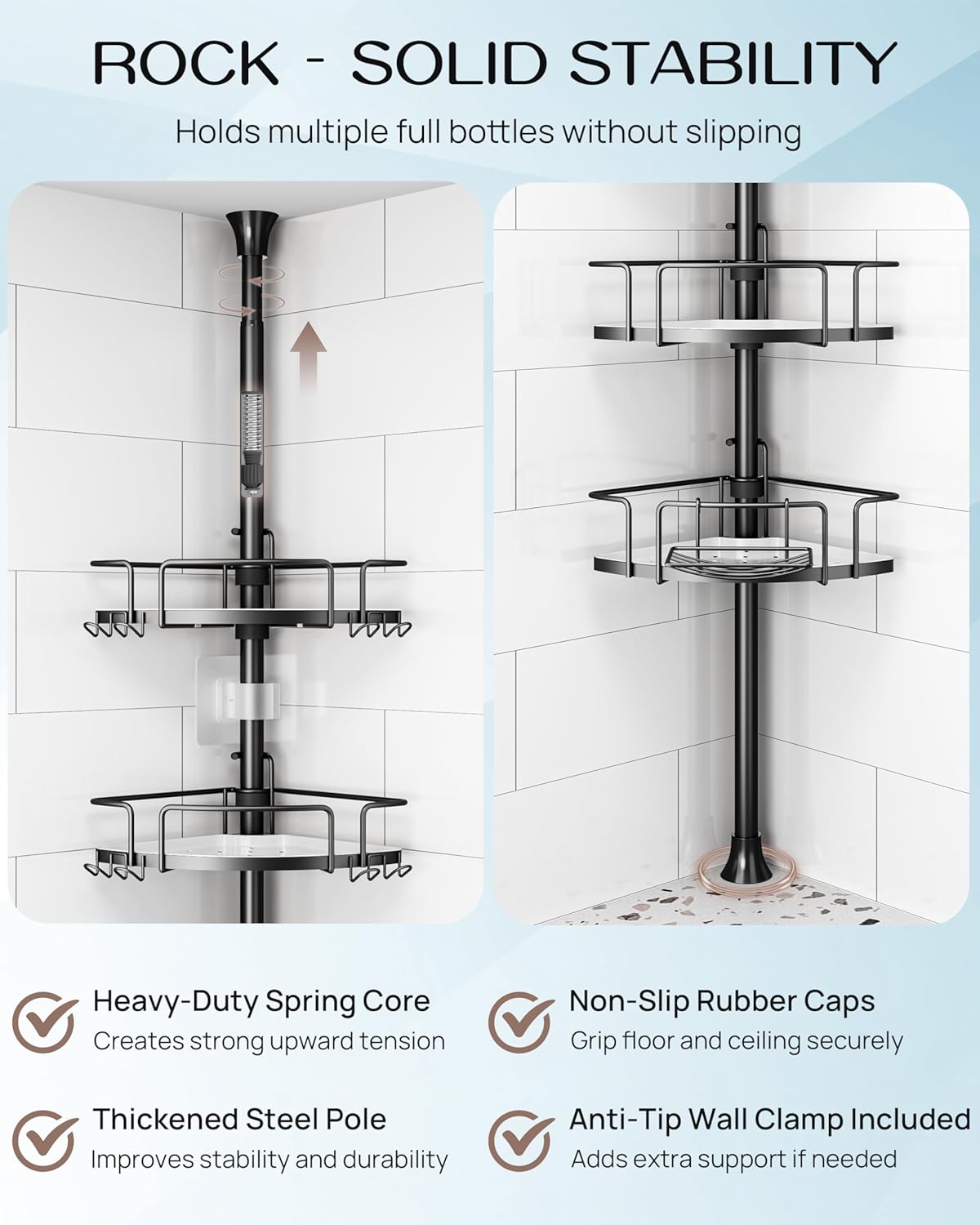 ALLZONE Corner Shower Caddy - Rustproof Tension Pole with 4 Adjustable Baskets & Extra Hooks | Fits 34–116 Inch, Black/White