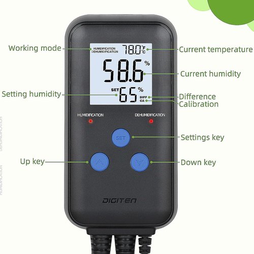 DIGITEN Digital Humidity Controller - Pre-Wired Humidistat with Temperature Display | Dual-Stage Outlet for Reptiles, Greenhouses, and Grow Tents