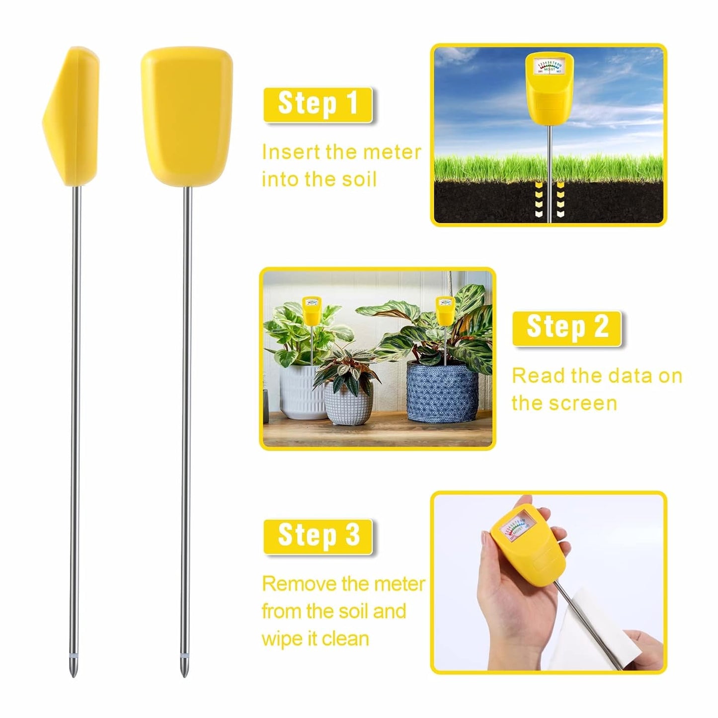 Skiennix Soil Moisture Meter - Long Stem Plant Hygrometer for Garden & Lawn | 2 Pack