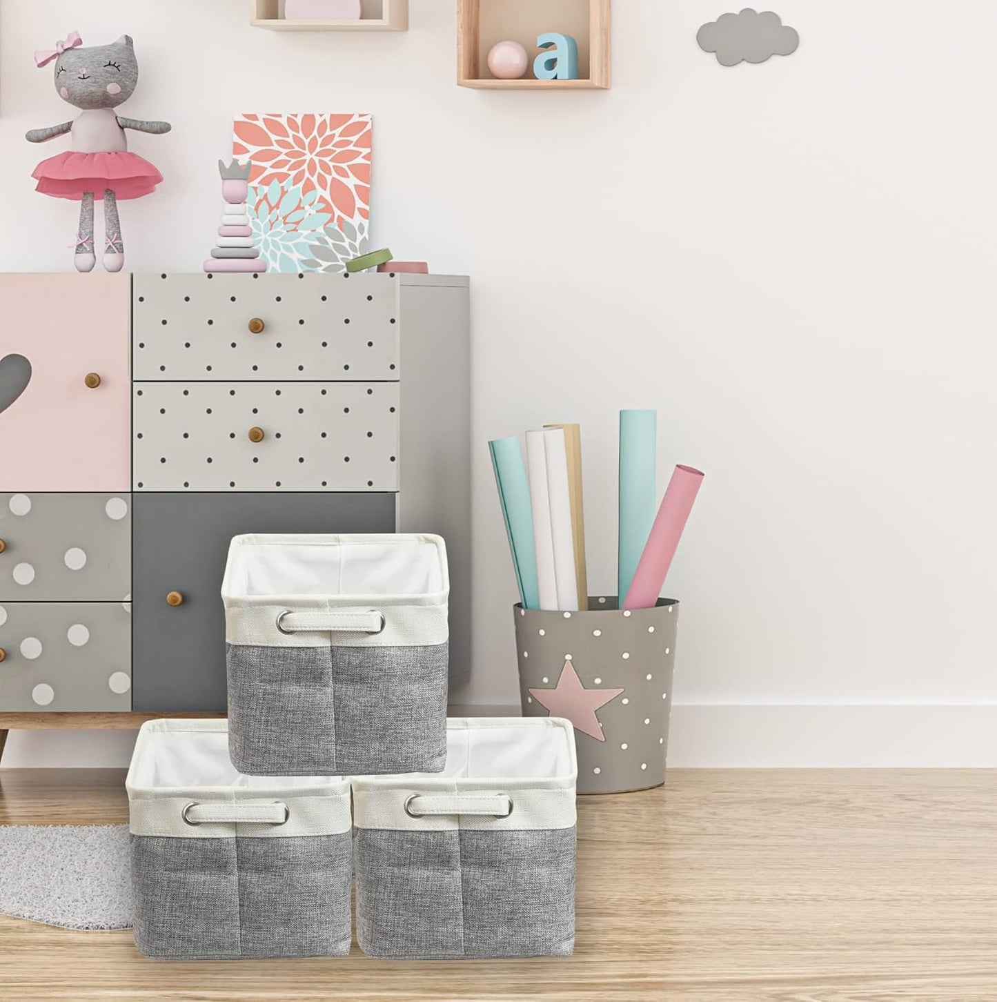 Simple Houseware Large Fabric Storage Bin - Foldable Organizer with Handles | 14.4" x 10" | Gray | 3-Pack