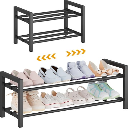 Detsuk 2-Tier Expandable Shoe Rack - Adjustable Heavy-Duty Metal Organizer (17.5"-30.7") | Durable Black Storage for Closet & Entryway