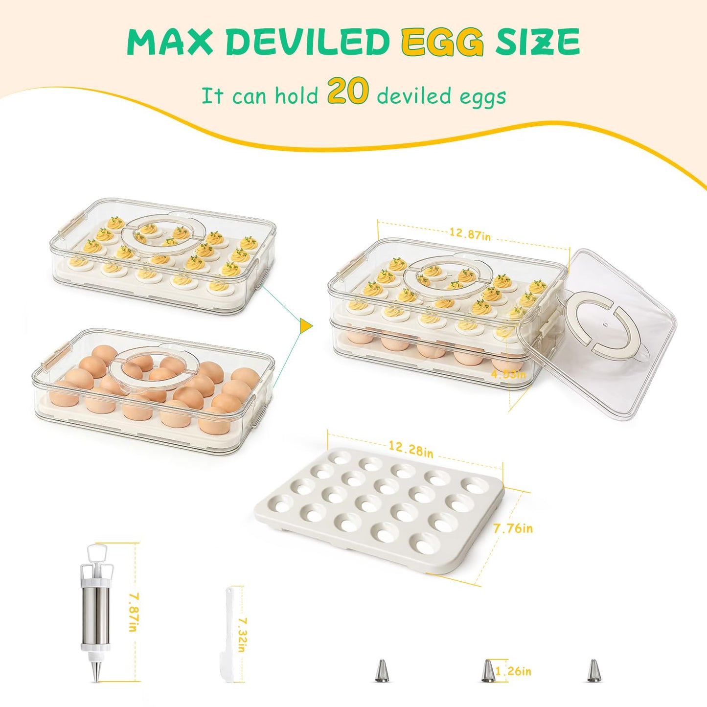 2 Pack Deviled Egg Containers with Lid, Durable Deviled Egg Platter, Fridge Portable Egg Tray with Lids for Party, Thickened Deviled Egg Carrier with Portable Insulated Bag and Piping Decorating Kit