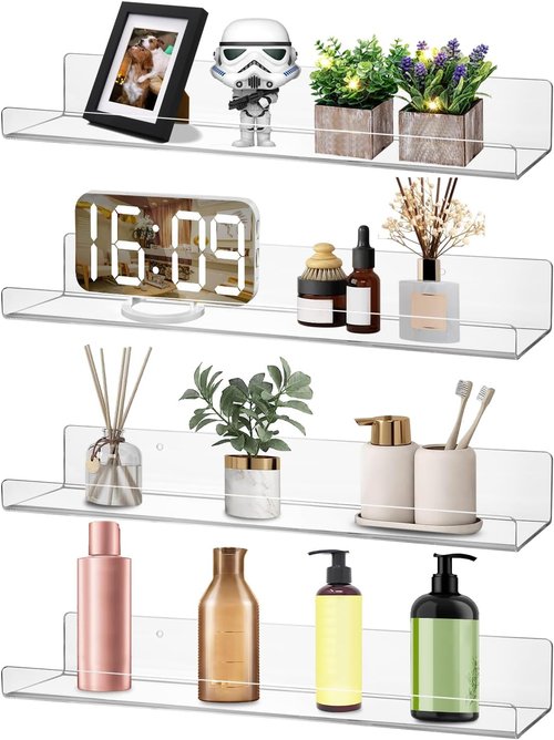 Dezzer Acrylic Floating Shelves - 15" Clear Wall-Mounted Storage for Books, Perfumes & Toys