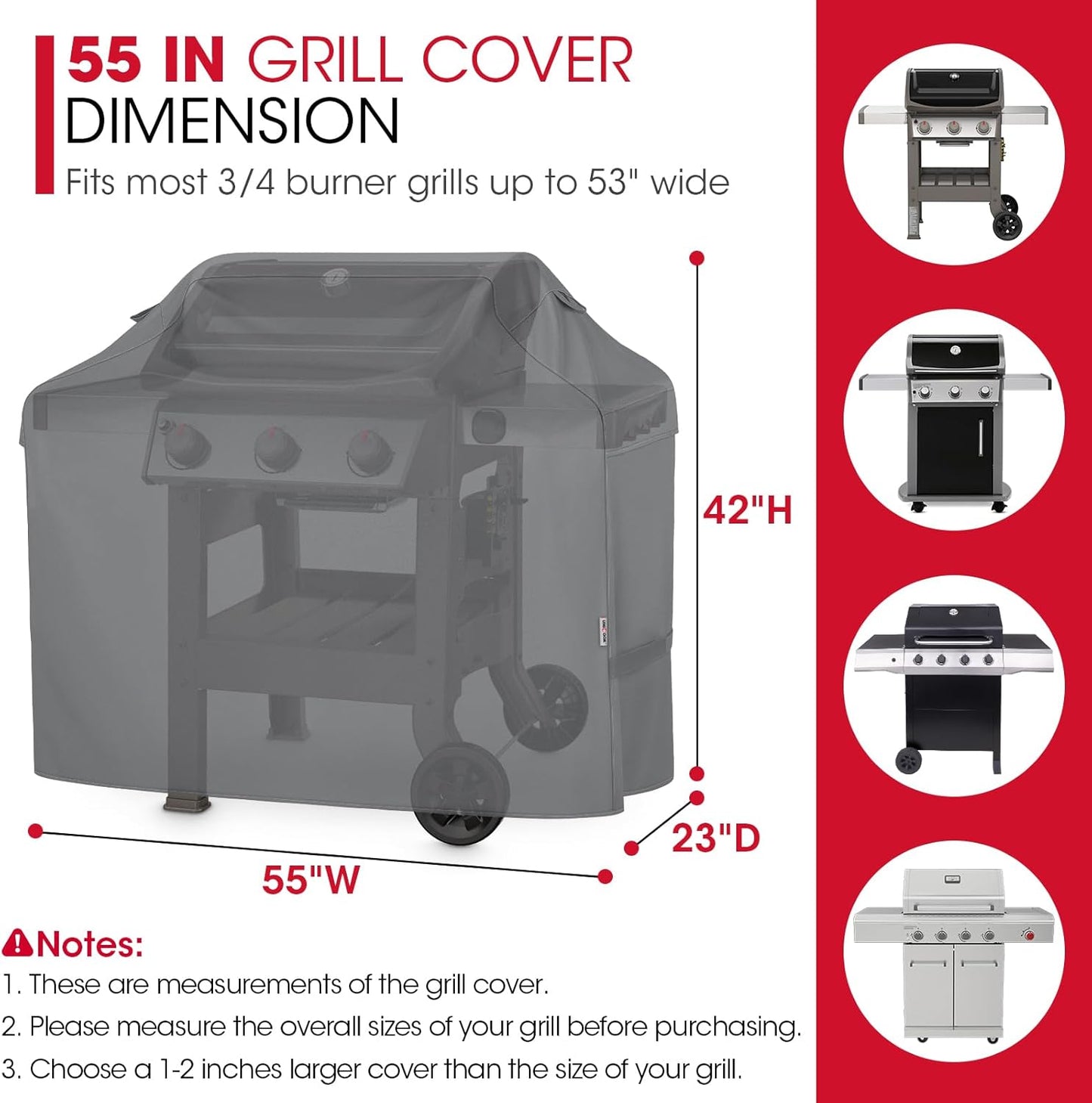 Unicook 55-Inch Heavy Duty Waterproof Grill Cover - Fits 3-4 Burner BBQs | All-Weather Grey Protection