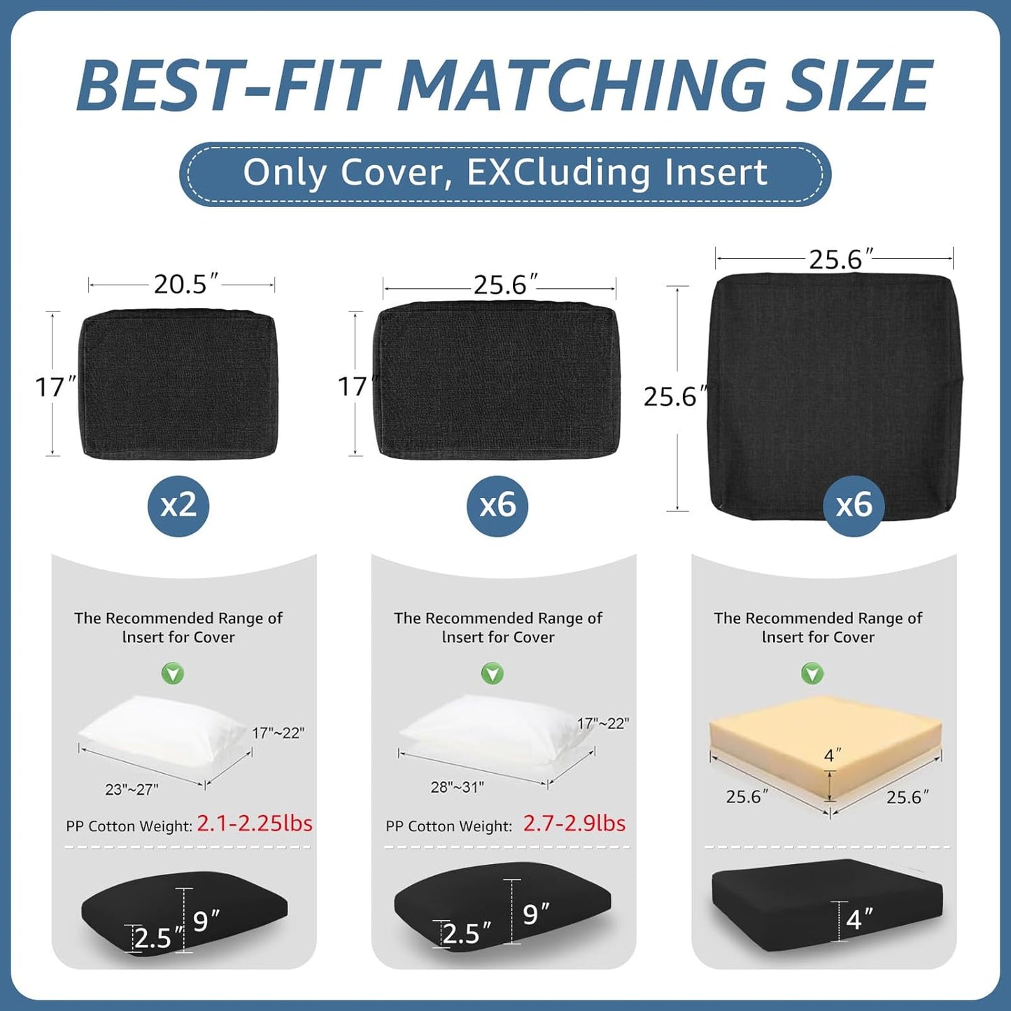 NICESOUL Outdoor Cushion Covers - 14 Piece Set, 25.6x25.6 Inch, All-Weather Black Slipcovers with Zipper