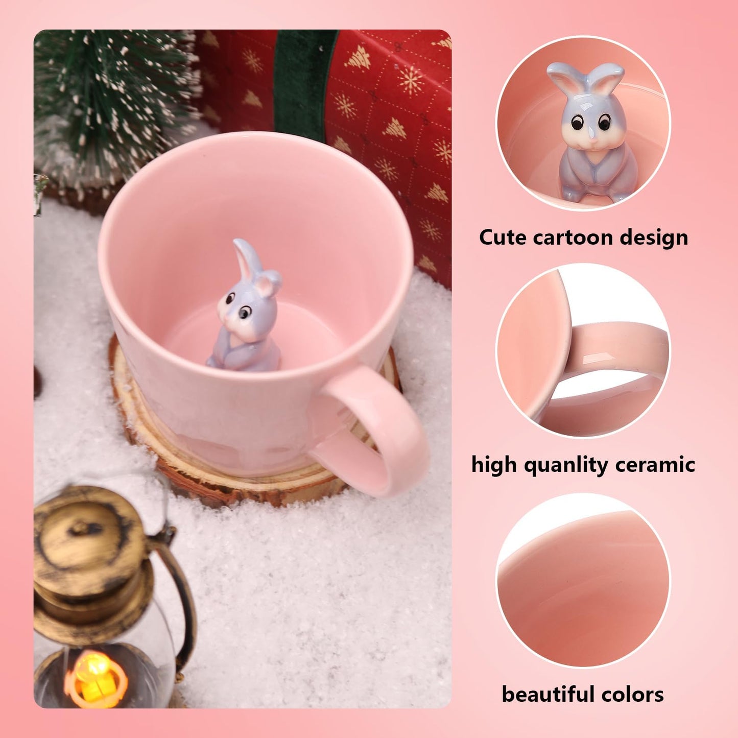 Ceramic Mug with 3D Animal Inside, Cartoon Handmade Figurine Mugs, Cute Coffee Mug With Interesting Design, Holiday and Birthday Gift for Coffee and Milk Tea Lovers (Rabbit)