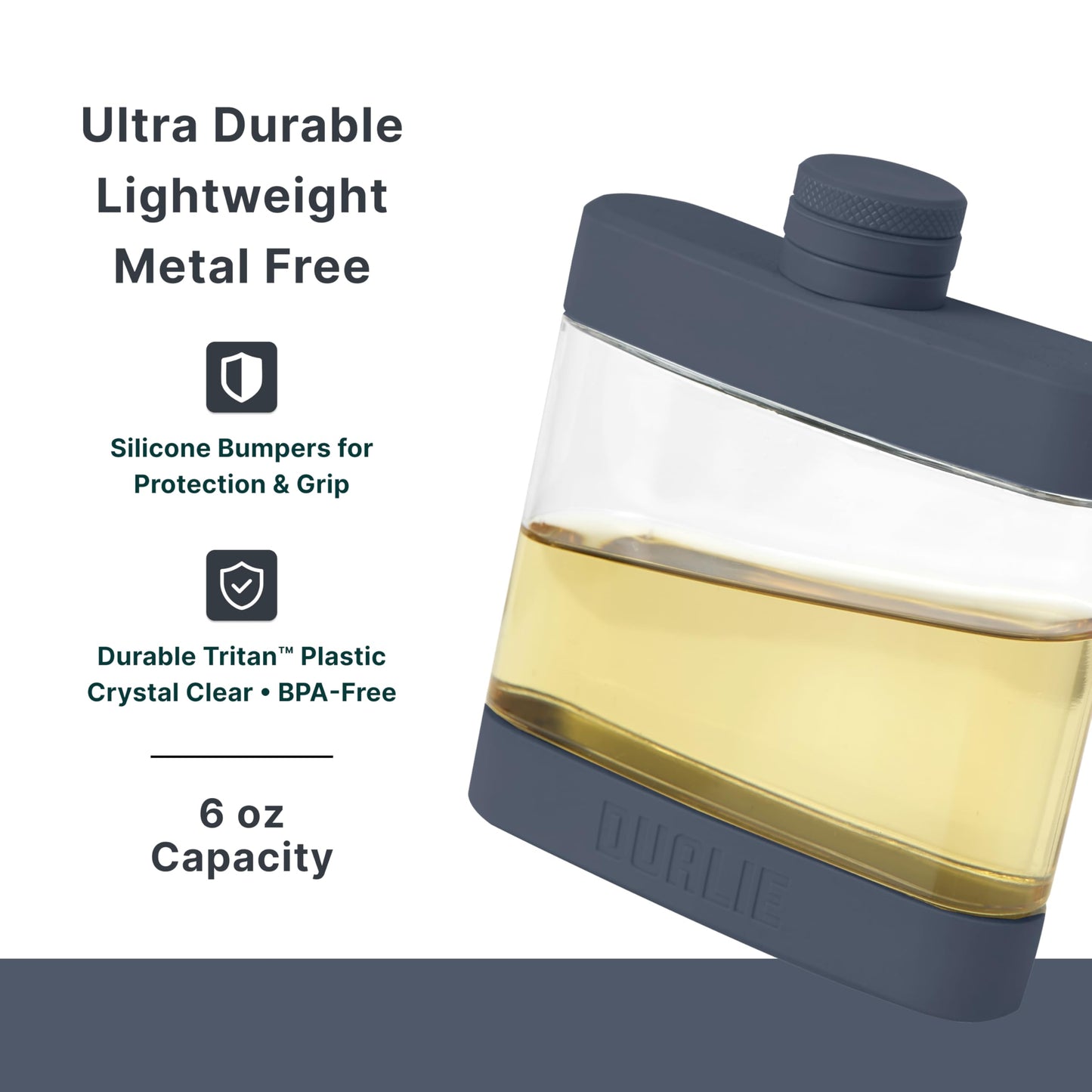 DUALIE 6 oz Hip Flask for Liquor - Undetectable Shatterproof Alcohol Flasks with Clear Tritan Plastic and Silicone Grip - Flask Gift for Men & Women - Navy