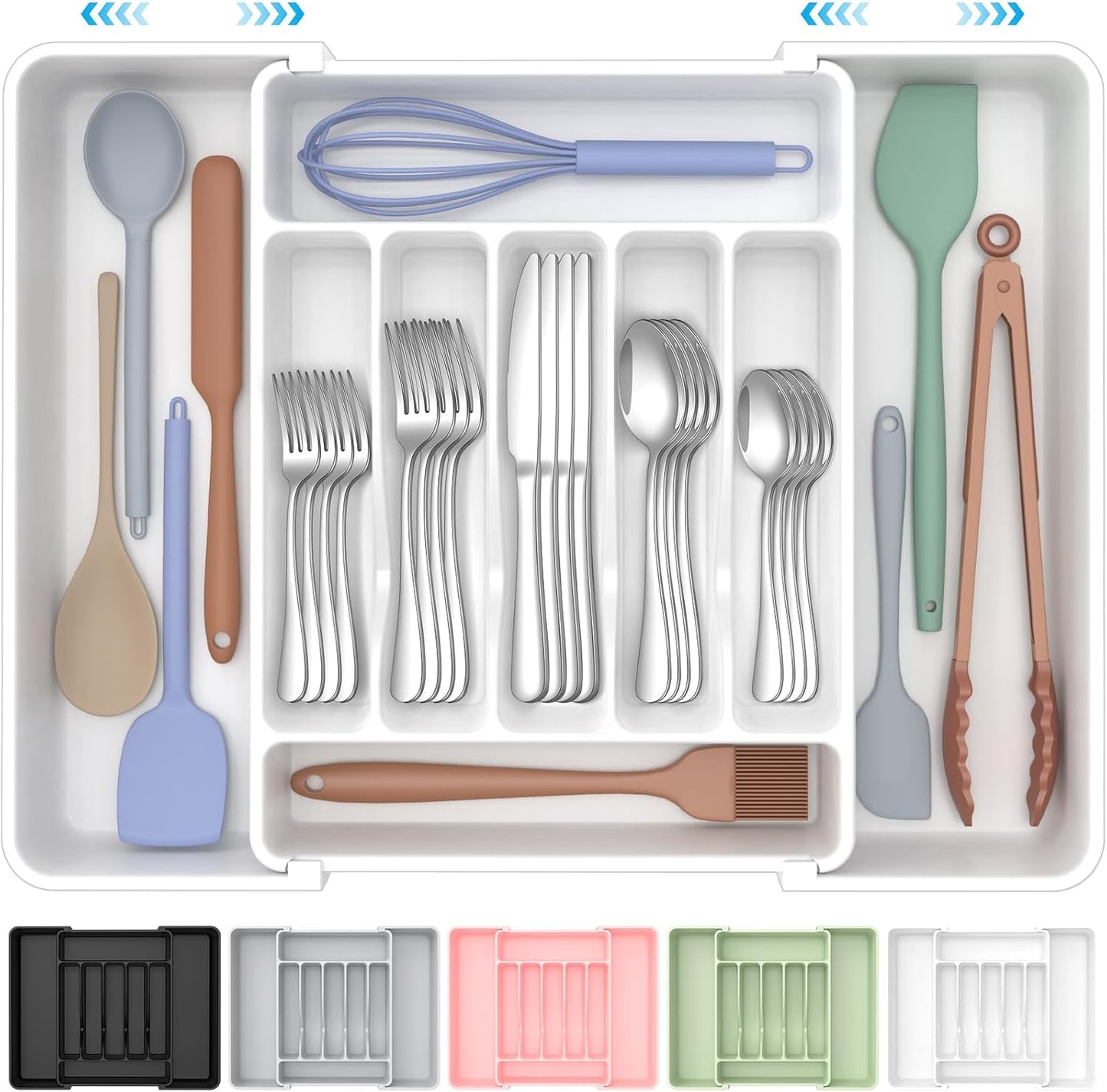 Ukeetap Extra Large Silverware Organizer - BPA-Free Adjustable Cutlery Holder for Kitchen Drawers | White