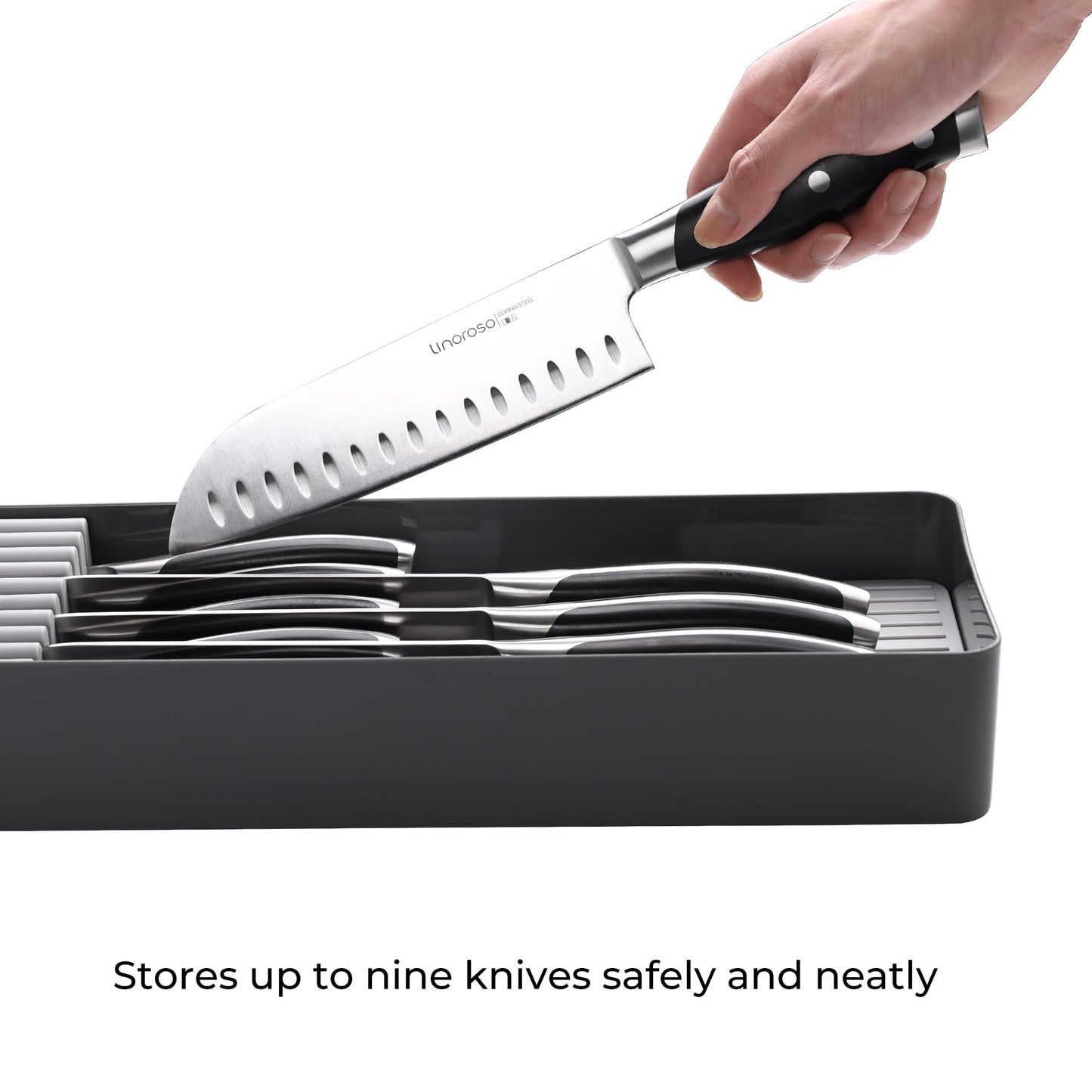 Linoroso Knife Drawer Organizer With In-Drawer Knife Block for 9 Knives, Kitchen Utensil Organizer, BPA Free Secure Storage Tray for Countertop Organization