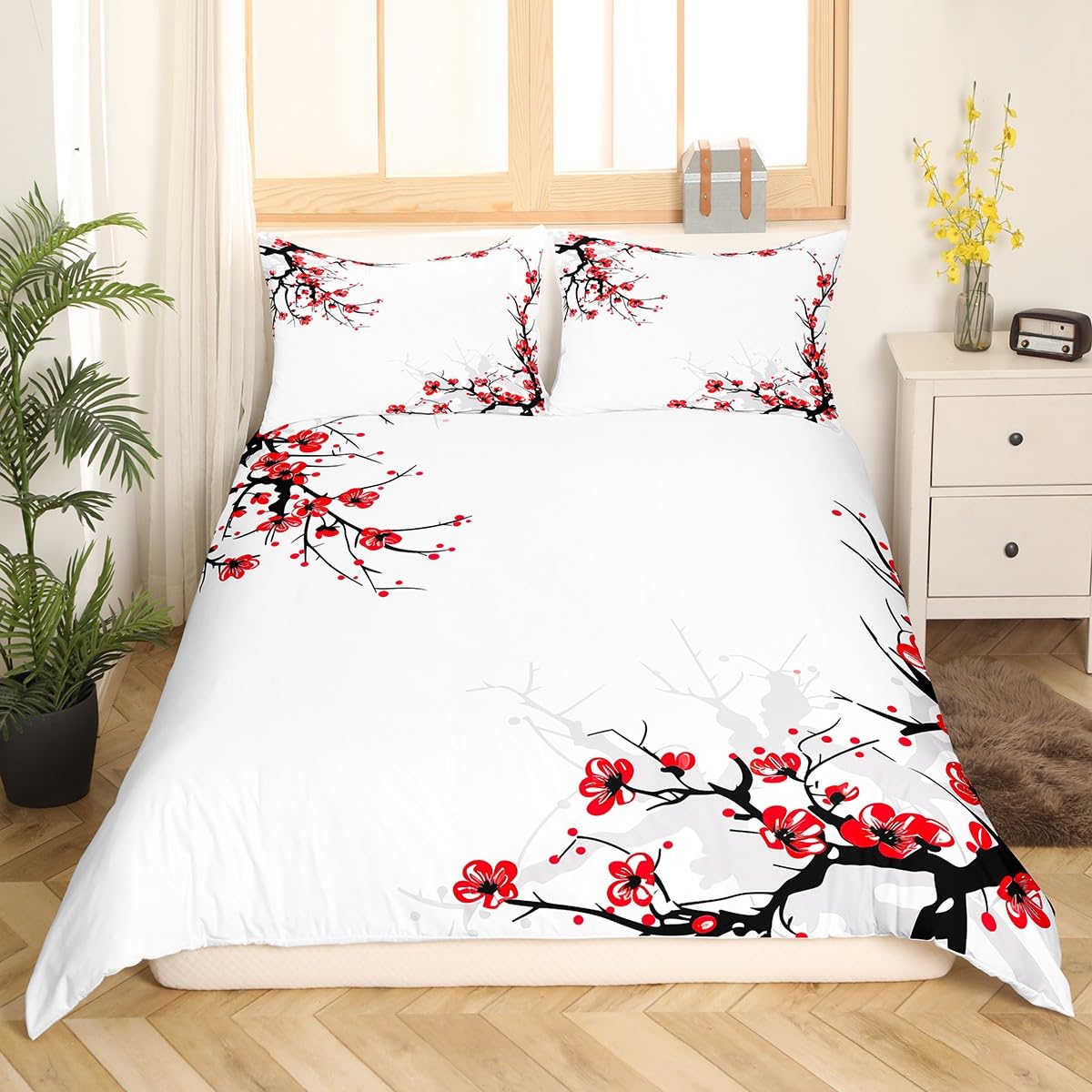 Japanese Duvet Cover King Size,Adult Women Spring Cherry Blossom Comforter Cover Asian Botanic Themed Pattern Fresh Organic Art Bedding Set, Branch of Red Flowers Decorative Bedspreads White Black