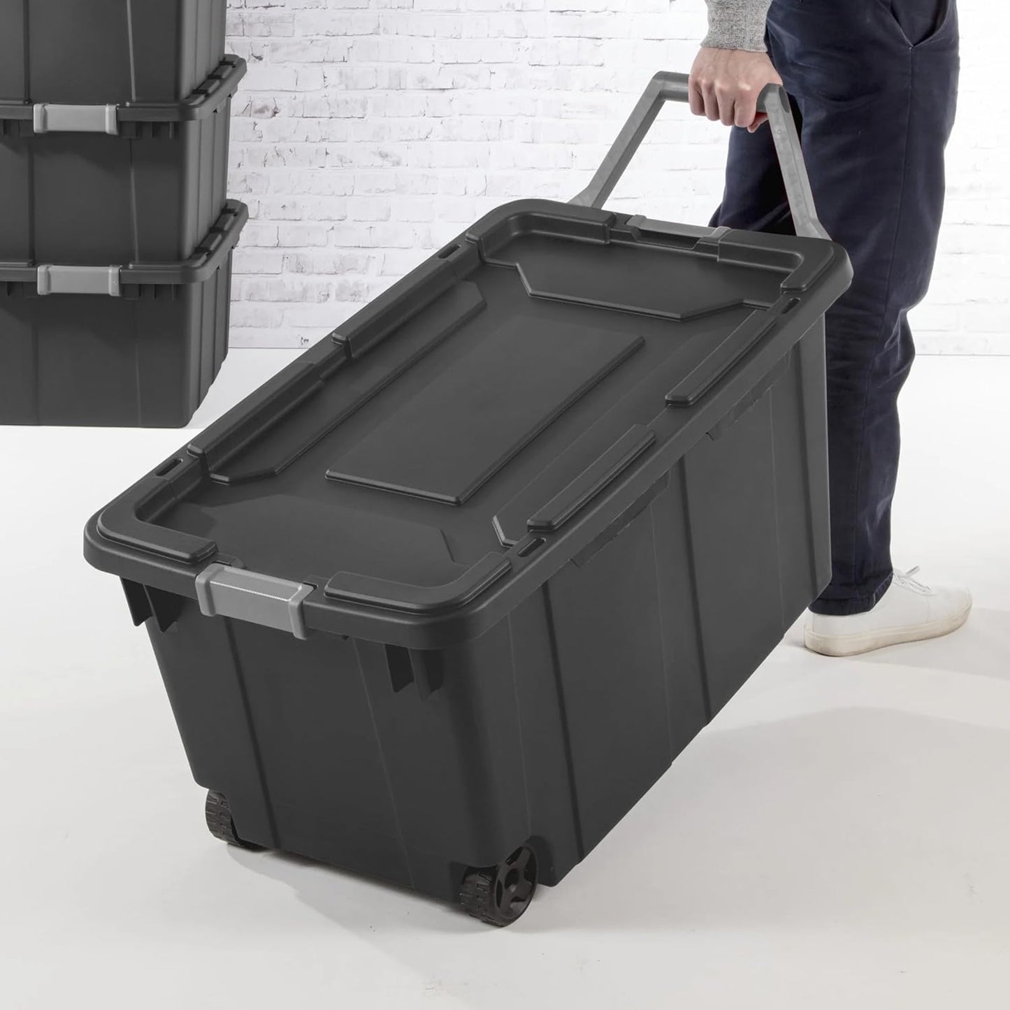 Rugged Industrial Tote by [Brand Name] - 40 Gallon Wheeled Storage Bin with Latch Lid | Dark Gray