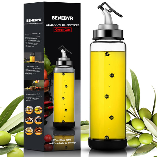 BENEBYR Glass Olive Oil Dispenser Bottle with Leakproof Pourer Spout and Shatterproof Rubber Bottom, Cooking Oil Dispenser Bottle for Kitchen 17 oz Heat Resistant Olive Oil Bottle for Oil & Vinegar