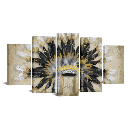 RyounoArt 5 Piece Indian Canvas Wall Art Native American Chiefs Headdress Feathered Painting Vintage Home Living Room Gallery Wrap Ready to Hang