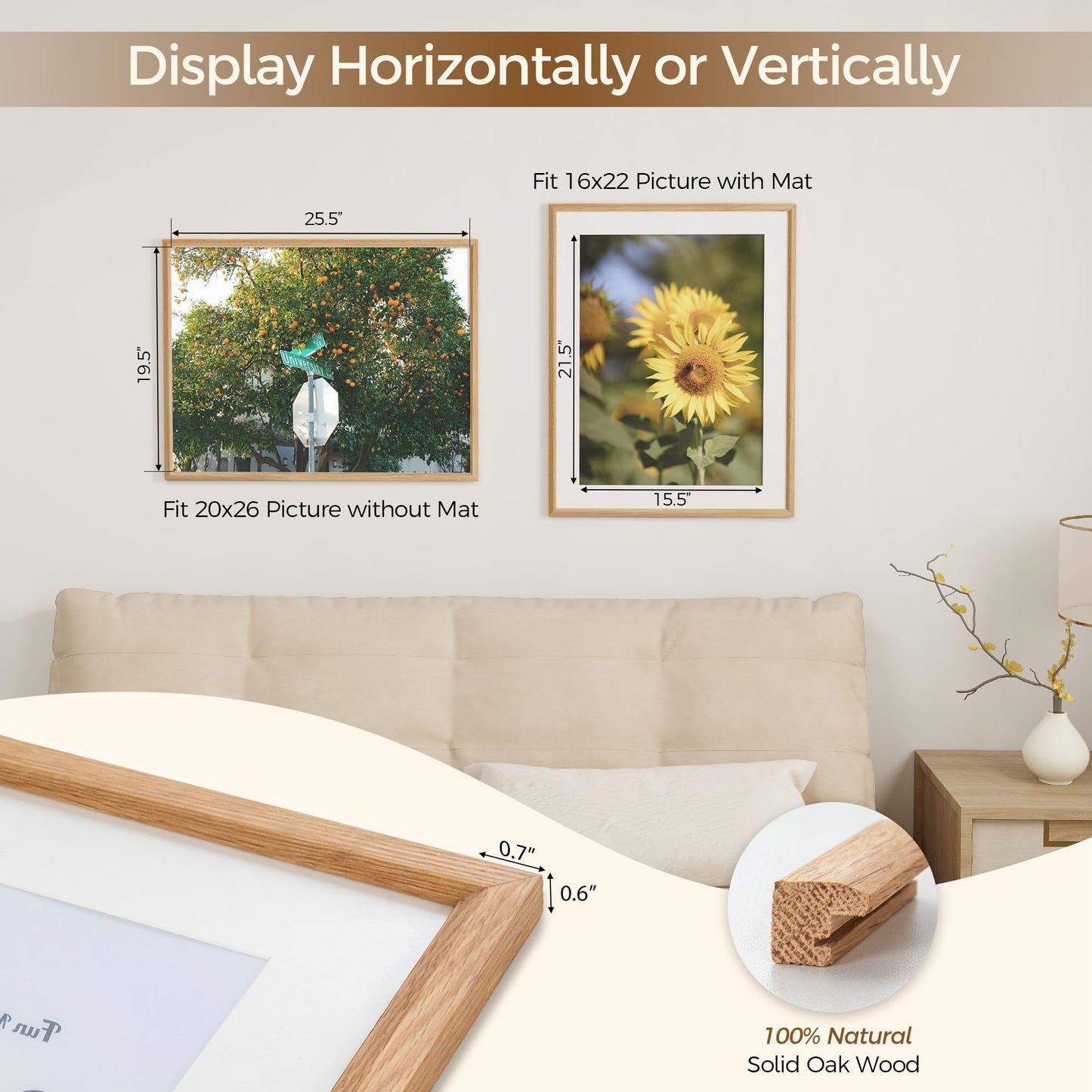 Fun Memories 20x26 Oak Picture Frame for Wall, 20x26 Frame with Matted to 16x22, Solid Wood Picture Frames for Wall Art Photo and Prints (Natural, 1 Pack)