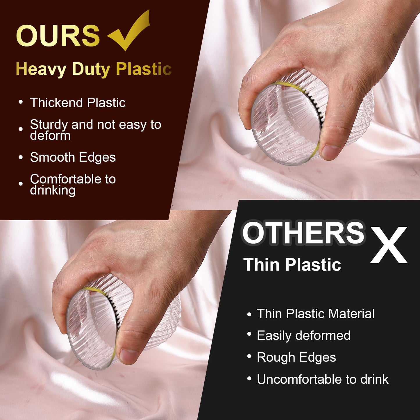 Lueumxc 40 Pack Plastic Ribbed Wine Glasses, 14Oz Origami Disposable Wine Glasses Unbreakable Clear Plastic Cocktail Glasses Recyclable Shatterproof Reusable Wine Cups (14oz-Gold Rim 40pack)