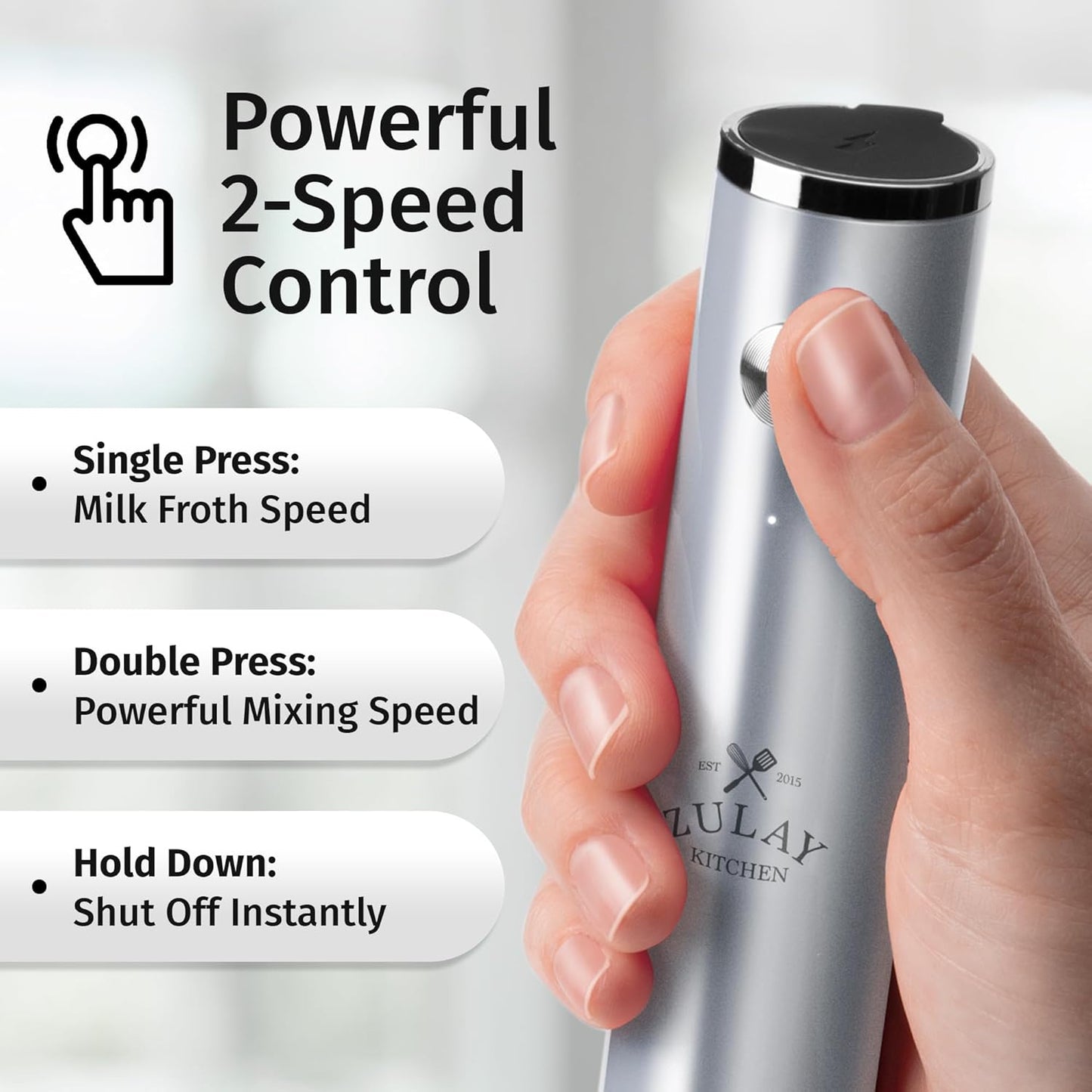 Zulay Kitchen Rechargeable Milk Frother - Powerful 2-Speed Motor, Waterproof Design | 2000mAh Battery - Perfect for Lattes, Cappuccinos, Matcha & Protein Drinks - Pure Silver