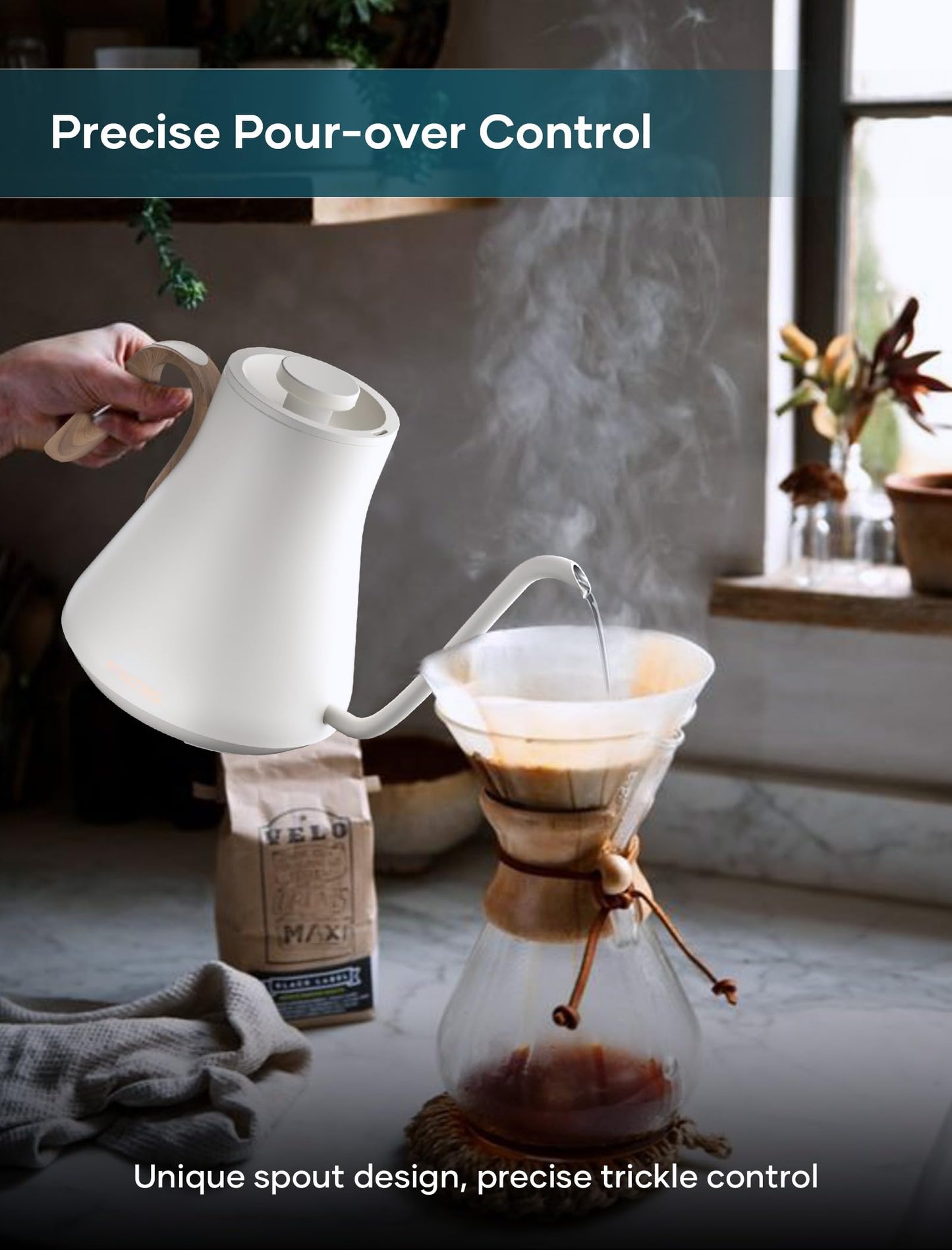 INTASTING Electric Kettle, Gooseneck Electric Kettle, ±1℉ Precise Temperature Control, Stainless Steel Interior, Quick Heating for Pour Over Coffee, Tea & Boiling Water, 0.9L (Cream White)
