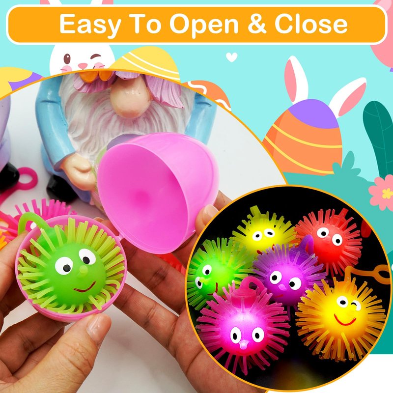 ZICZLI 24 Pack Easter Eggs Filled with LED Puffer Balls, Light Up Stress Relief Toys for Kids Boys Girls Teens Easter Hunt Filling Treats Basket Stuffers Easter Party Favors