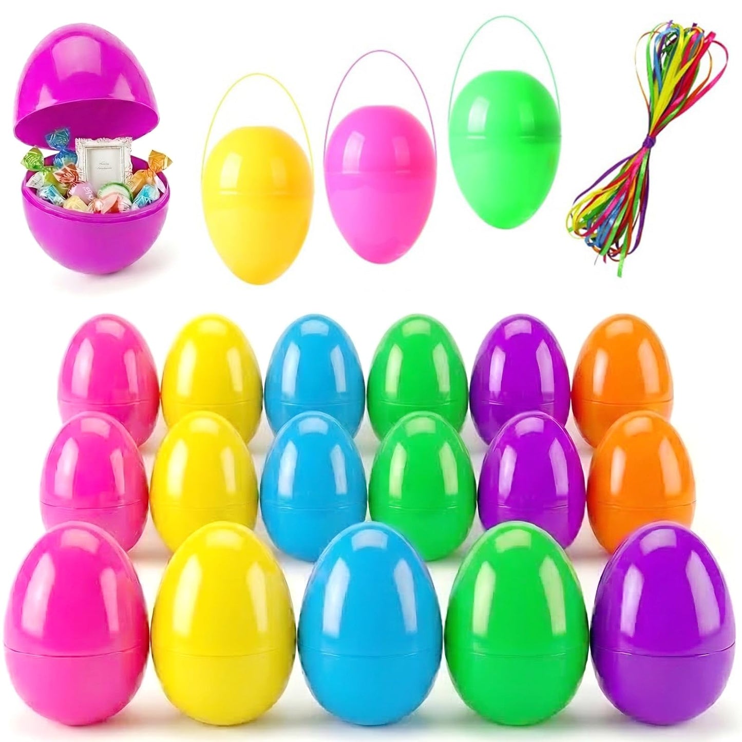 ROSAUI 36 Pack Large Fillable Easter Eggs (3.5"), Flat Bottom Plastic Eggs with Ribbons – Reusable Hanging Decor for Egg Hunts, Baskets & Holiday Displays