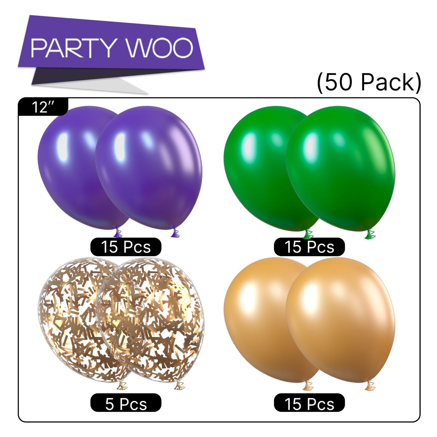 PartyWoo Purple Green Gold Balloons 50 pcs 12 Inch Dark Purple Dark Green Gold Confetti Latex Balloons for Graduation Mardi Gras Carnival Little Mermaid Aladdin Birthday Party Decorations