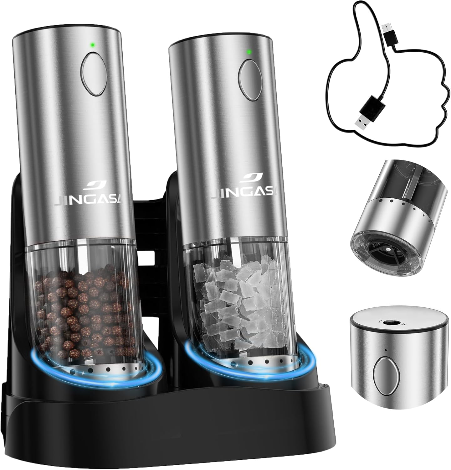 Skiennix Electric Salt and Pepper Grinder Set - USB Charging Base, 95ml Capacity, Adjustable Coarseness