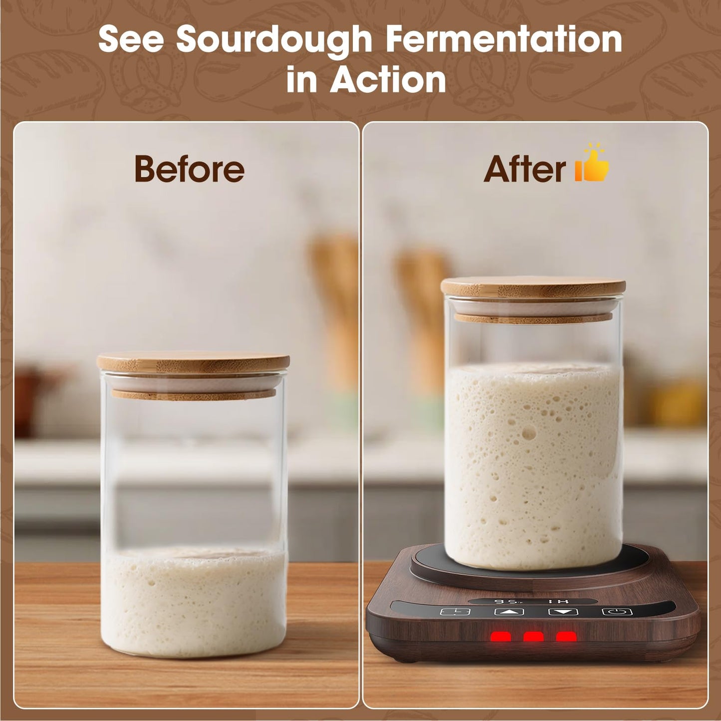 Sourdough Starter Warmer with Temperature Display,Sourdough Warming Mats 100℉ Electric Heating 12 Hours Timing Function Sourdough Heating Mat Bread for Baking Supplies Kitchen Bakers (Wood)