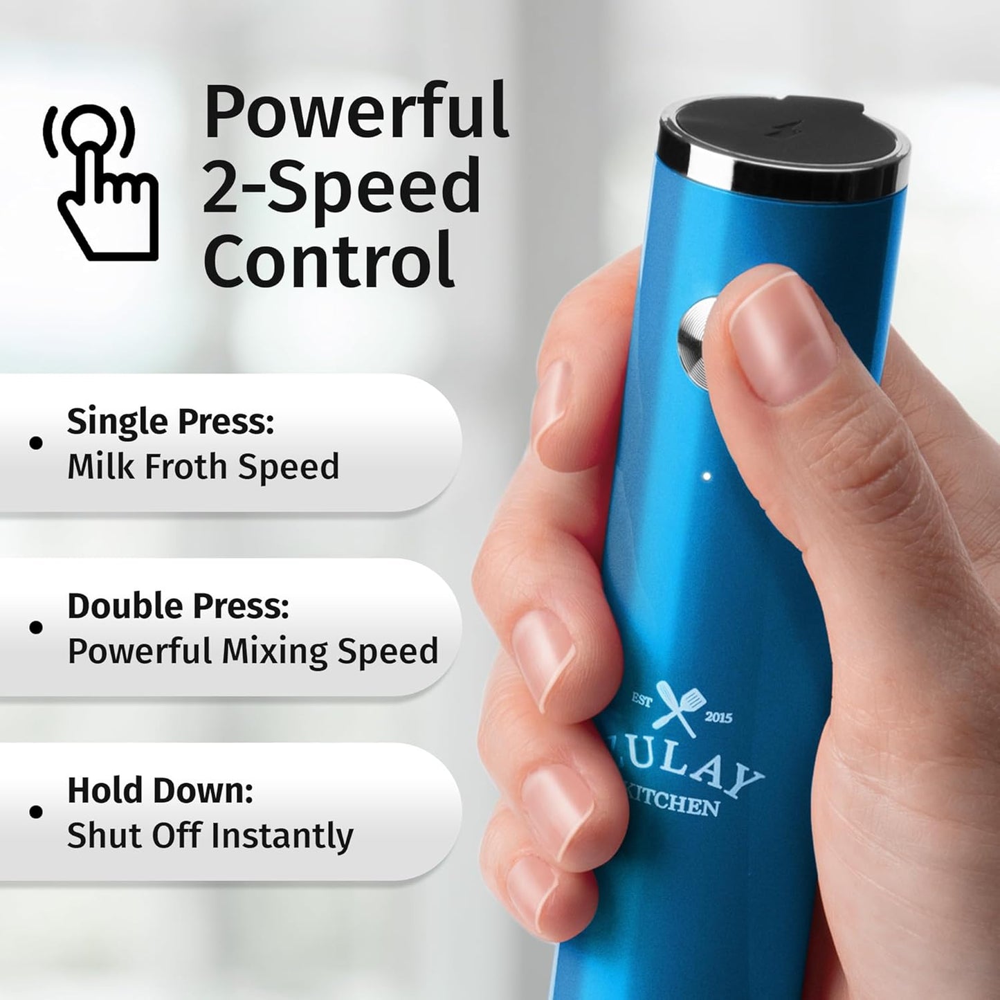 Zulay Kitchen Rechargeable Milk Frother - Powerful 2-Speed Motor, Waterproof, 2000mAh Battery | Metallic Blue Drink Mixer for Lattes, Cappuccinos, Matcha & Protein Powder