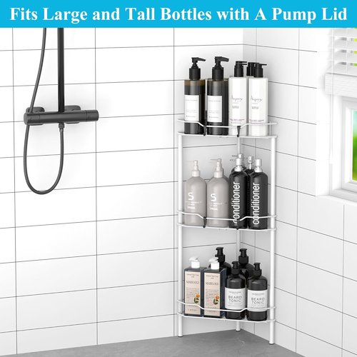 HuggieGems Corner Shower Caddy Organizer - 3 Tier Floor Stand with Hooks | White Bathroom Shelf