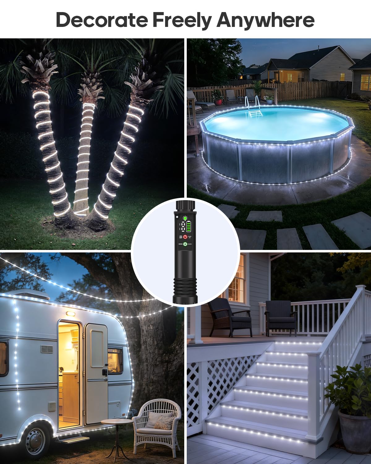 Rechargeable Rope Lights, 79FT 240LED Outdoor Waterproof String Lights with 1200mah Portable Rechargeable Battery, Timing & 8 Modes for Party Christmas Camping DIY Tree trampoline - Cool White 2 Pack