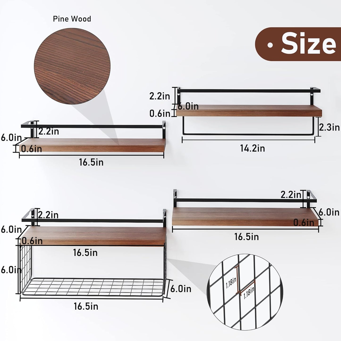 Wood Floating Shelves - Rustic 4-Tier Wall-Mounted Bathroom Shelves with Wire Basket & Towel Bar