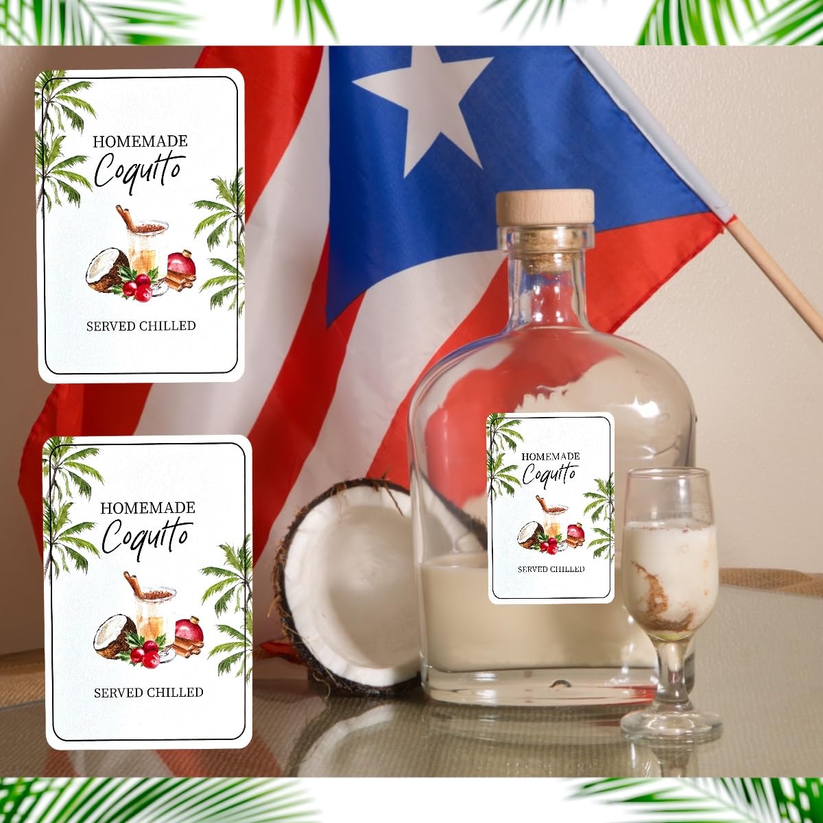 18pcs Coquito Labels for Bottles Christmas, Size 2" X 3" Coquito Xmas Puerto Rico Stickers, for 8oz, 16oz, 32oz Bottles