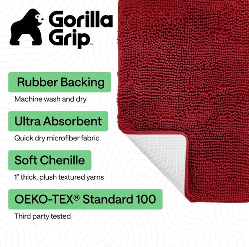 GORILLA GRIP Bath Rug Mat - Thick Soft Absorbent Chenille | Quick Dry Microfiber, 30x20, Red