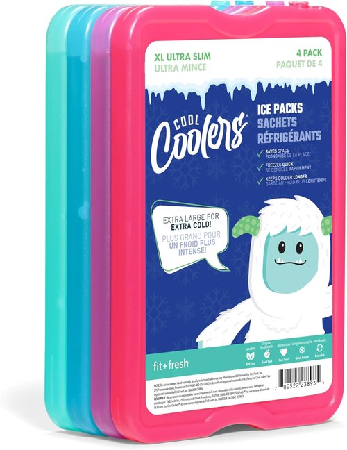Cool Coolers by Fit & Fresh | 4 Pack XL Slim Ice Packs - Quick Freeze, Space-Saving Reusable Design