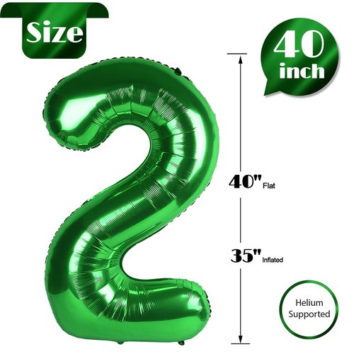 Dark Green Number 2 Balloon 40 Inch, 2nd Birthday Decoration for Toddlers Girls Boys, Sparkling 2 Number Balloon Party Decor