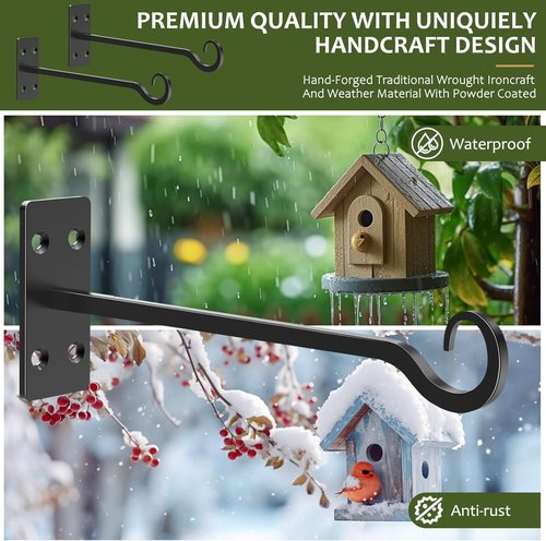 Heavy Duty Plant Hangers - Hand-Forged Wrought Iron Wall Hooks - 12 Inch Black Brackets for Outdoor Plants, Lanterns & Bird Feeders