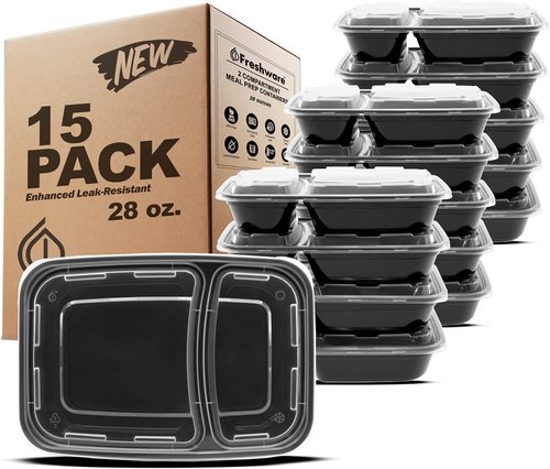 Freshware Meal Prep Containers - 15 Pack | 2 Compartment Food Storage Bento Box, BPA Free, Stackable, 28 oz