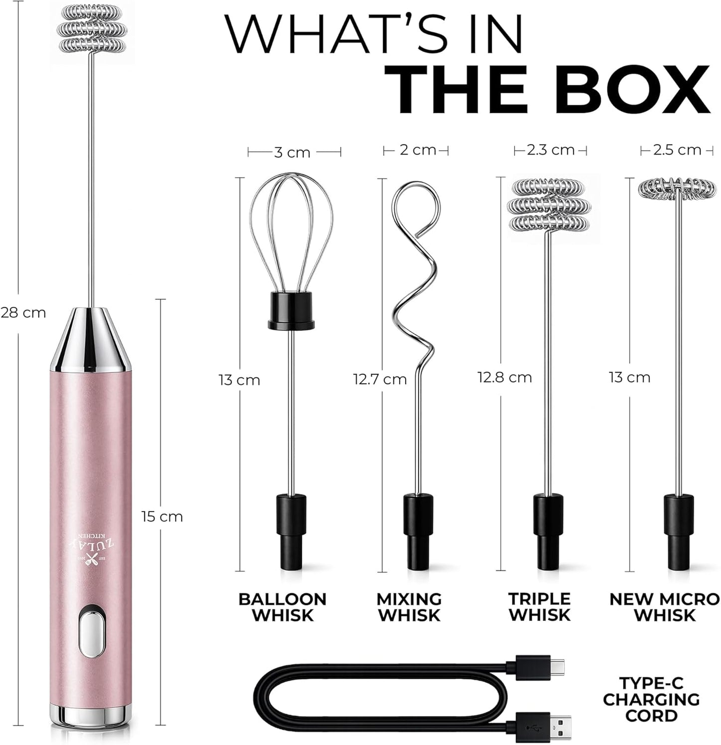 Zulay Kitchen Rechargeable Milk Frother - Handheld Electric Mixer with 3 Whisk Attachments | USB-C Charging, Lasts 6 Months