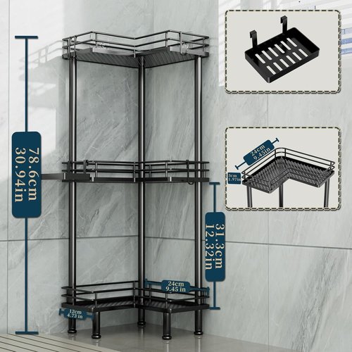 Consumest 3-Tier Corner Shower Caddy - Stainless Steel Organizer with Soap Holder & 4 Hooks | Large Capacity, Black