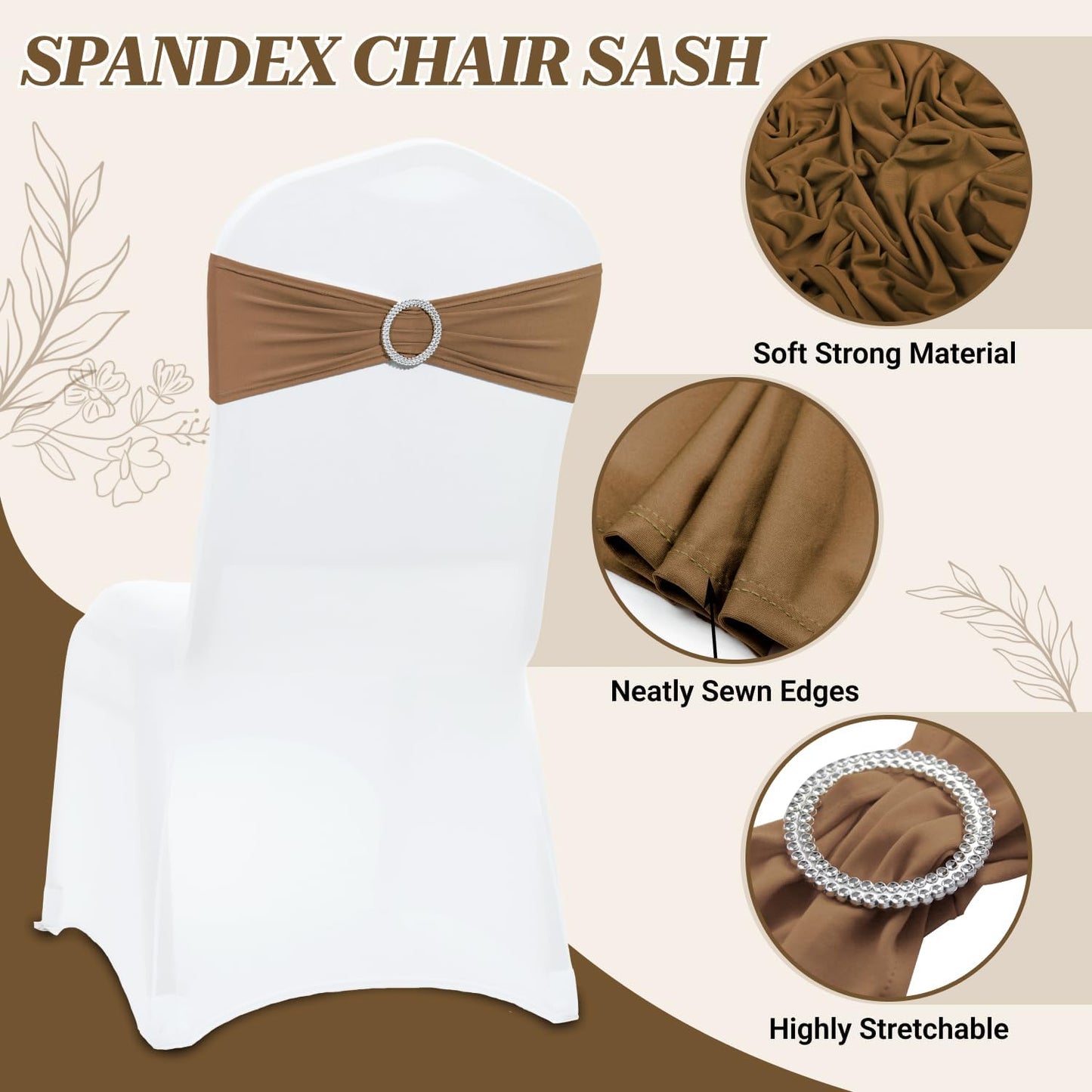 MDS Premium Spandex Chair Sashes - Stretchy Bow Covers with Buckle Slider | Universal Fit for Weddings & Events - Mocha (Pack of 100)