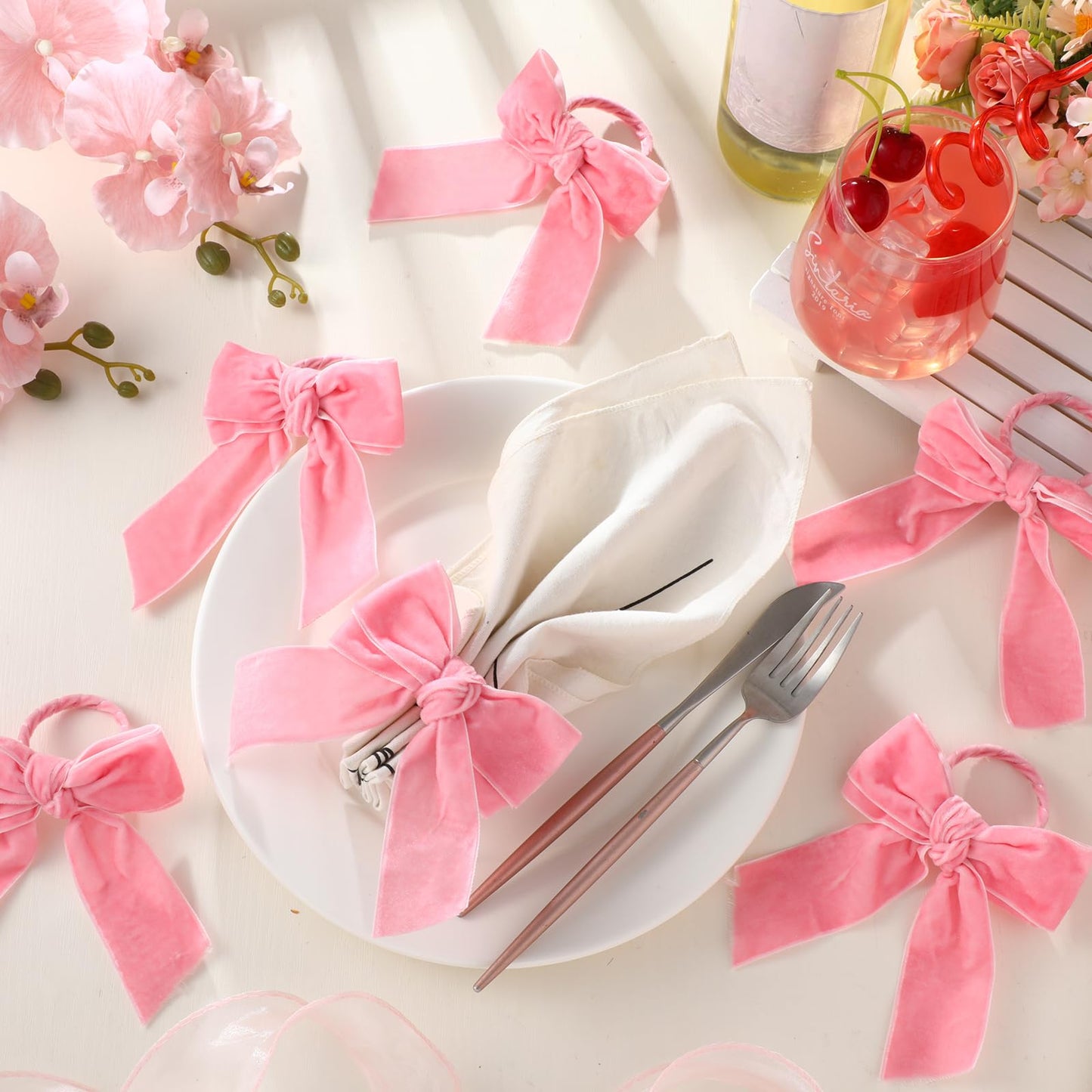 Maxdot 12 Pcs Bow Napkin Rings Set, Velvet Napkin Holders Buckles 4 x 4.9 Inch Serviette Rings for Family Dinner, Wedding, Party, Banquet, Table Decorations (Pink)