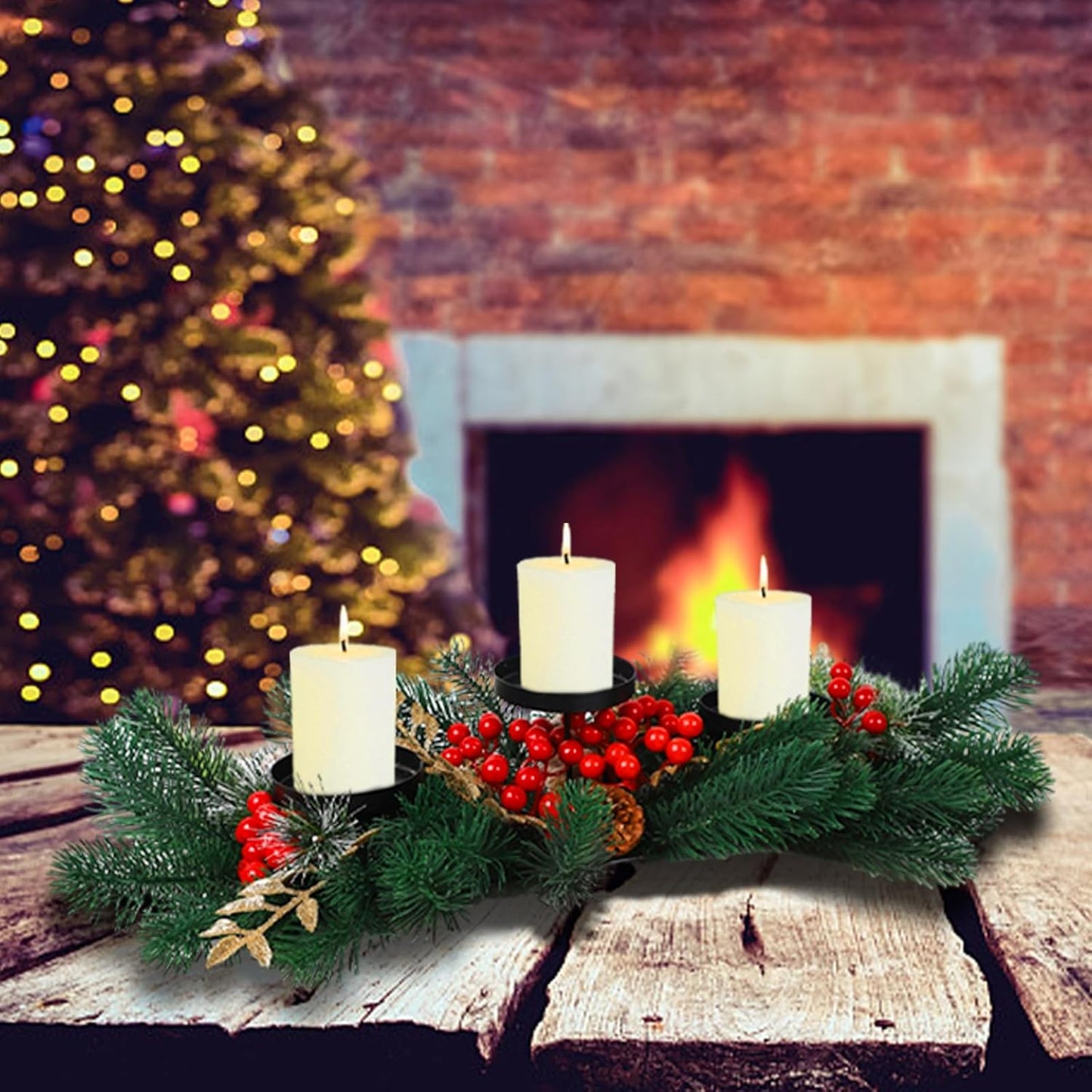 MorTime Christmas Centerpiece - 3 Candle Holders with Red Berries & Pine Cones | Indoor Table Decor