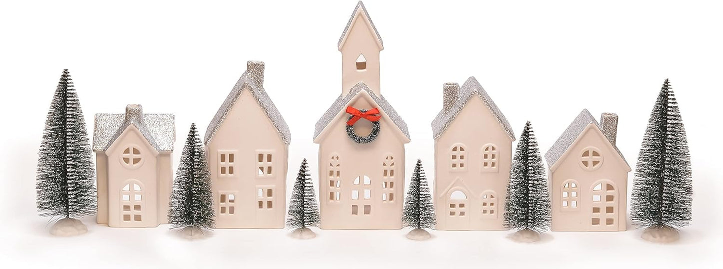 Mark Feldstein & Associates Silver Rooftopped Village - 16-Piece LED Holiday Figurine Set, 11 Inch