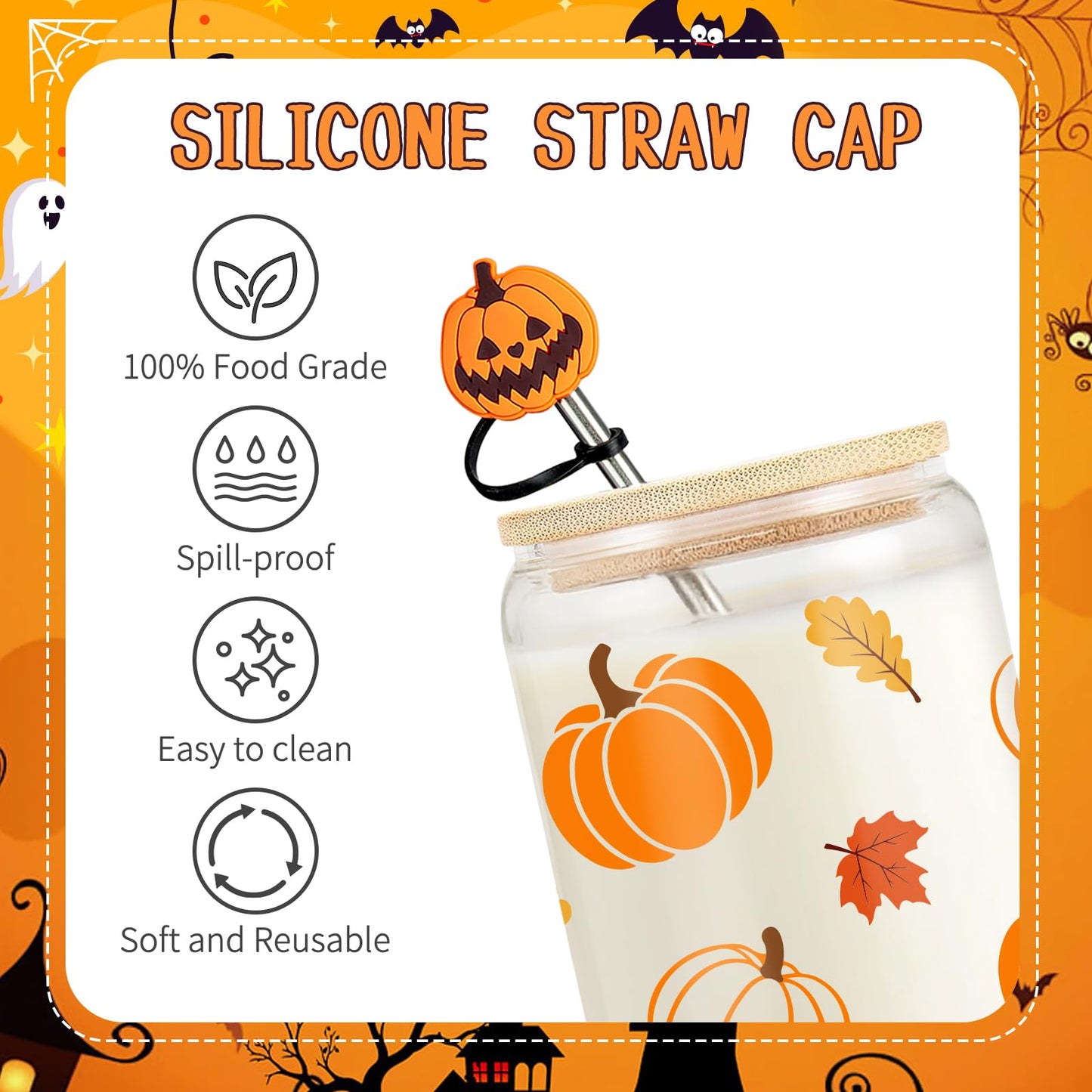 Frerdui Halloween Pumpkin Coffee Cup - 16 Oz Pumpkins Fall Mug, Iced Coffee Glass Tumbler Glass Cups W/Lids Straws, Cute Halloween Fall Gifts for Women Teens Girl