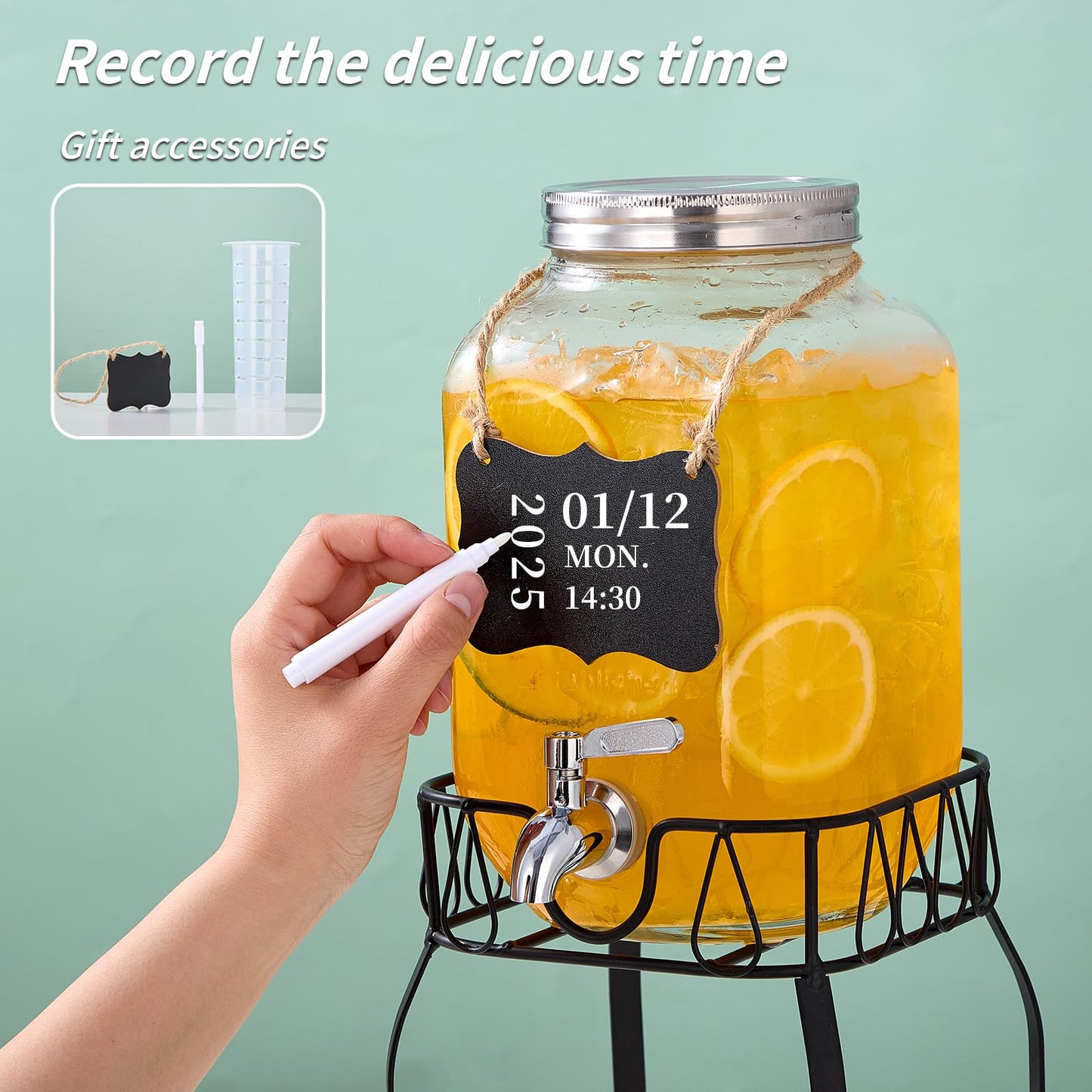1 Gallon Glass Beverage Dispenser with Stand, Stainless Steel Spigot and Lid, Glass Drink Dispensers for Parties, Drink Dispensers with Lids for Lemonade Sun Tea Mason Jar
