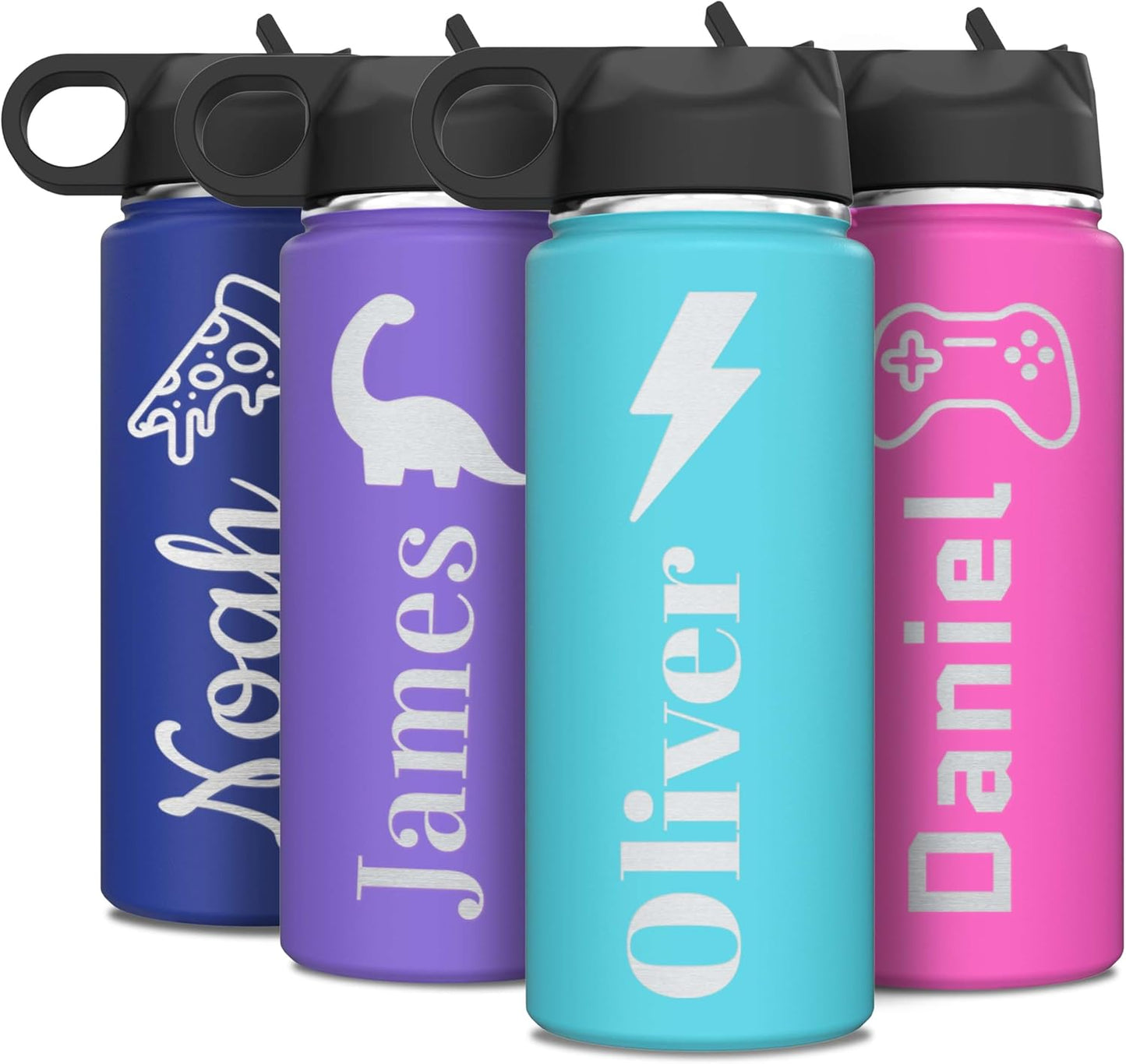 Skiennix Personalized Boys Name Insulated Stainless Steel Water Bottle - Custom Engraved 18 oz with Flip Top Lid & Straw
