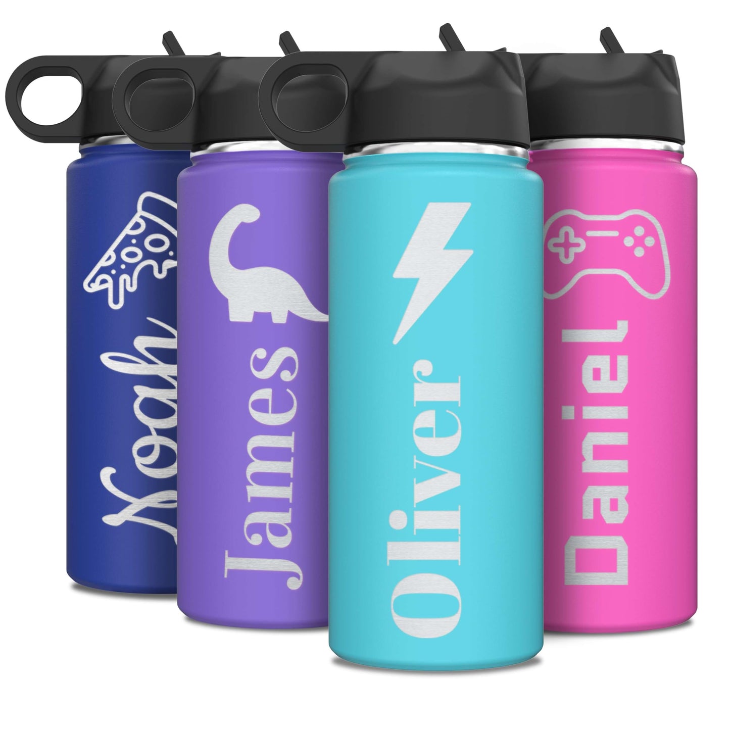 Personalized Boys Name & Icon Insulated Stainless Steel Water Bottle with Flip Top Lid & Straw Custom Engraved Kids, Teens, Children Gifts 18 oz.