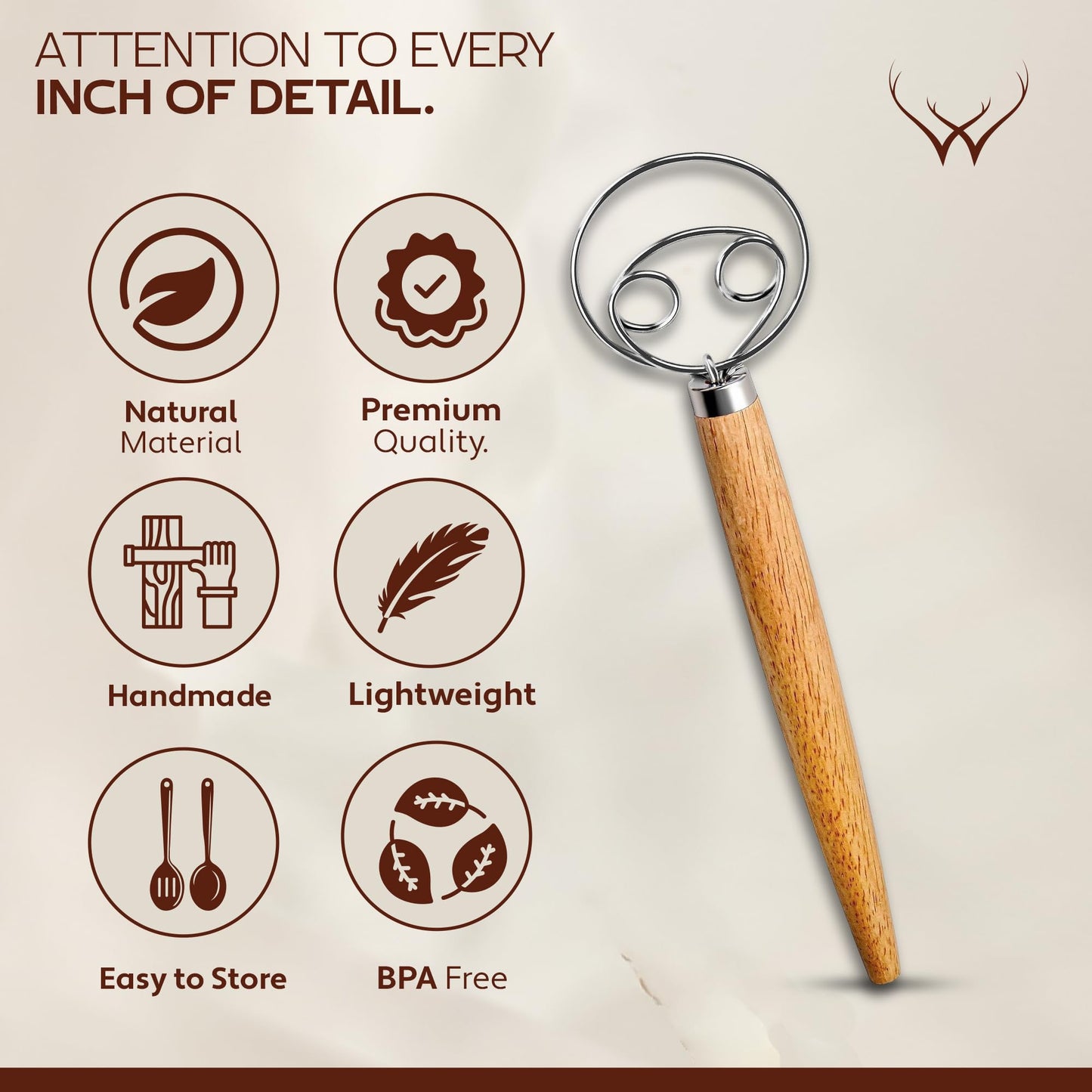 WOODLANDS USA Danish Dough Whisk for sourdough 13 Inch - 304 Stainless Steel Hook with Long Wooden Handle – Essential bread whisk, artisan mixing & bread making